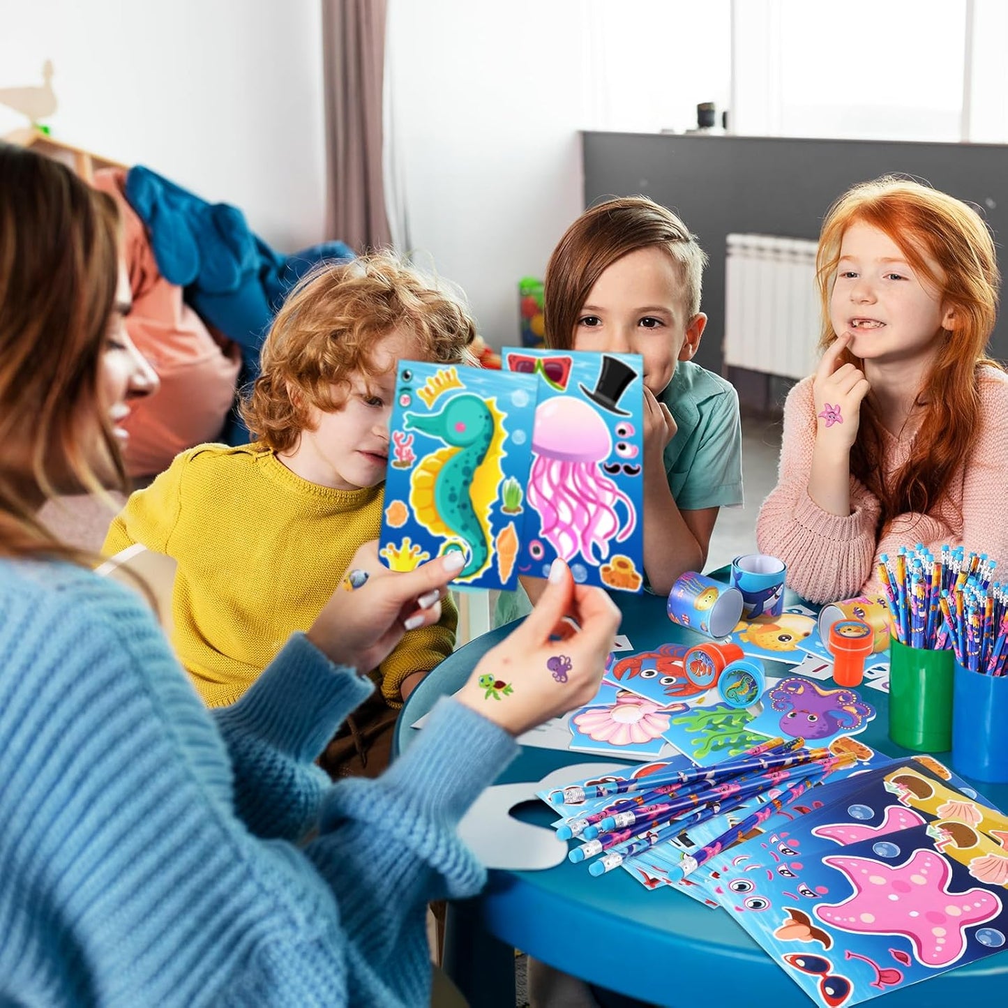 BenLouis 120Pcs Under the Sea Party Favors Ocean Animals Party Stampers Stickers School Stationery Bulk for Kids Sea Shark Birthday Mermaid Party Goodie Bag Stuffer Classroom Gifts Rewards Supplies