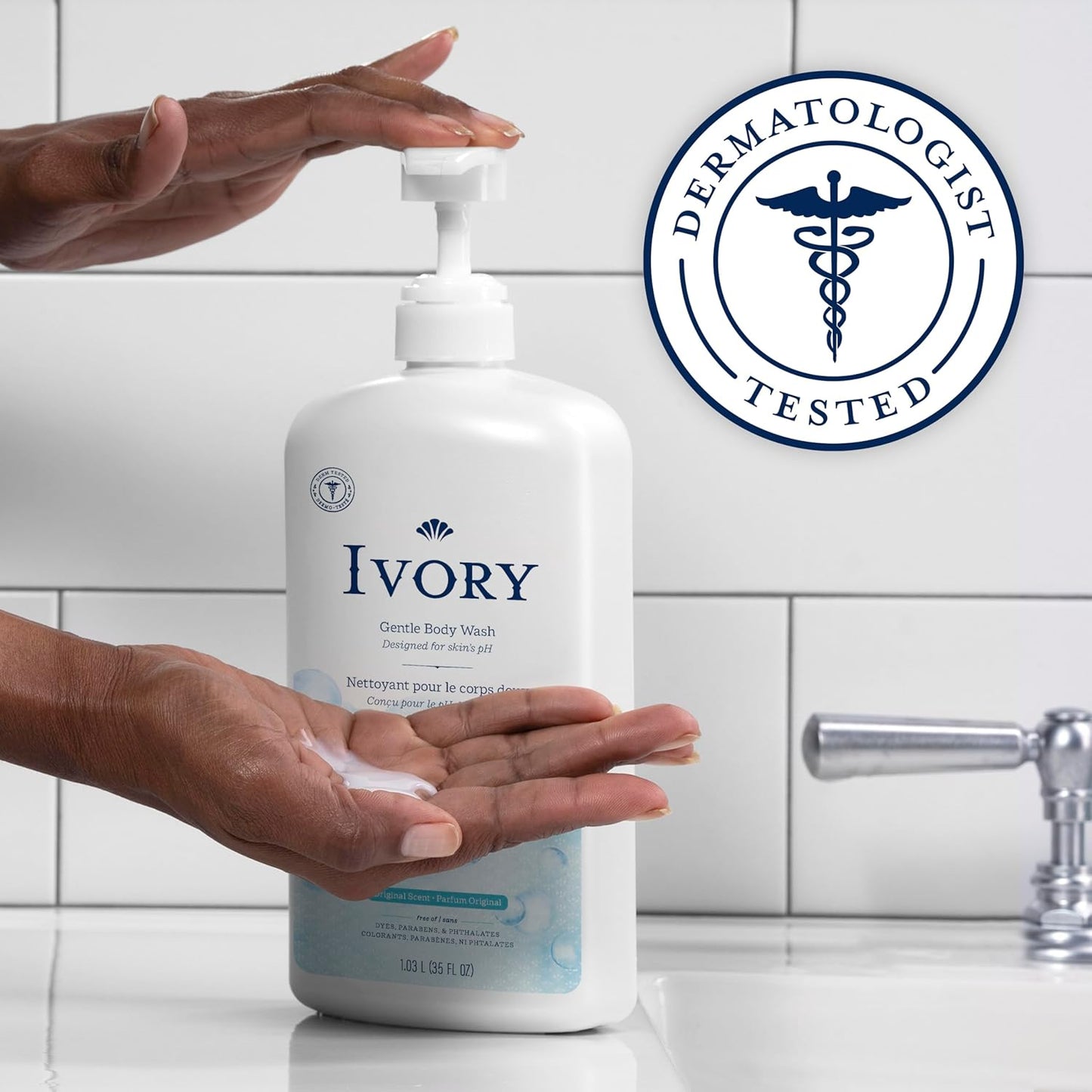 Ivory Body Wash, Designed for the Whole Family, Gentle Formula, Free of Dyes Heavy Perfumes Parabens Phthalates & Silicones, for Sensitive Skin, Designed for Skin's pH, Original Scent, 35 oz