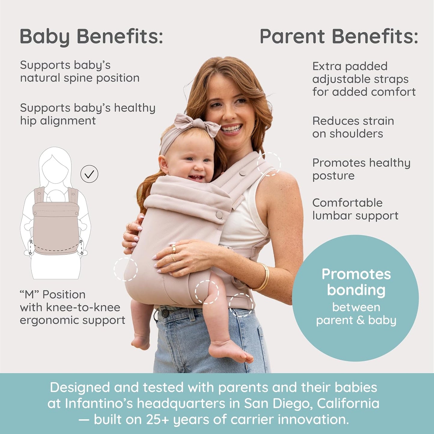 Infantino Honey Blossom Baby Carrier, Ergonomic Infant to Toddler Carrier, Hip Healthy “M” Position Support, Adjustable Sliding Seat, Padded Cross-Back Straps, 7-40 lbs, Toasted Almond