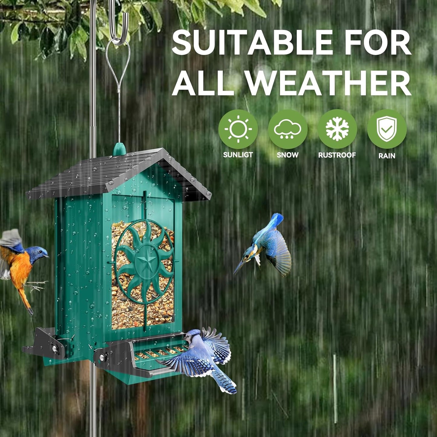 Metal Squirrel Proof Bird Feeders for Outdoors With Weight-Activated, 5LB Large Wild Bird Feeders for Cardinals,Blue jay,Finch, Weatherproof Durable Hanging Bird Feeder for Backyard,Garden,Patio-Green