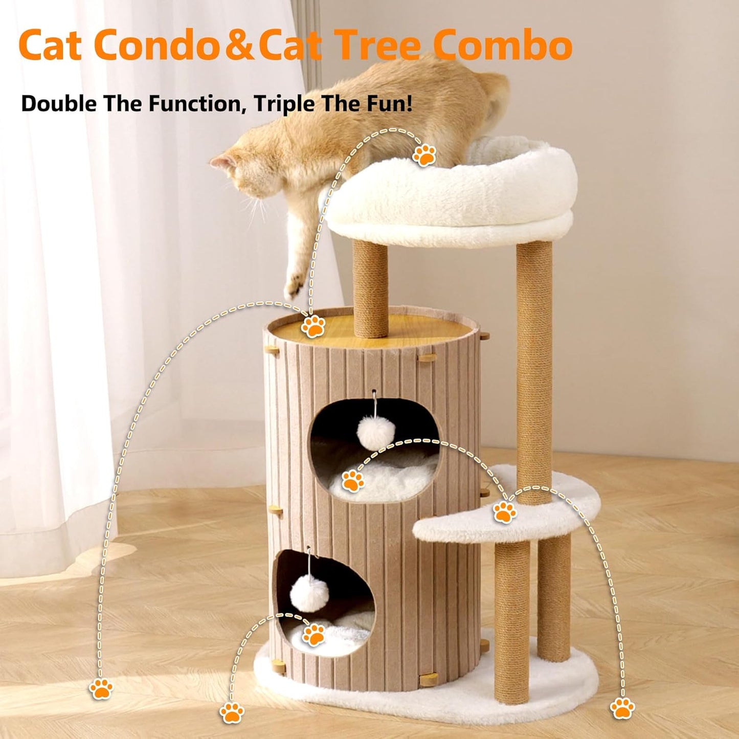Modern Cat Tree for Indoor Cats Large Adult, 36in H Cat Tree Tower with Scratching Posts, Cozy Cat Bed Cave, Washable Cushions, Dangling Balls, Play&Nap Cat House Condo for All Breeds, Brown