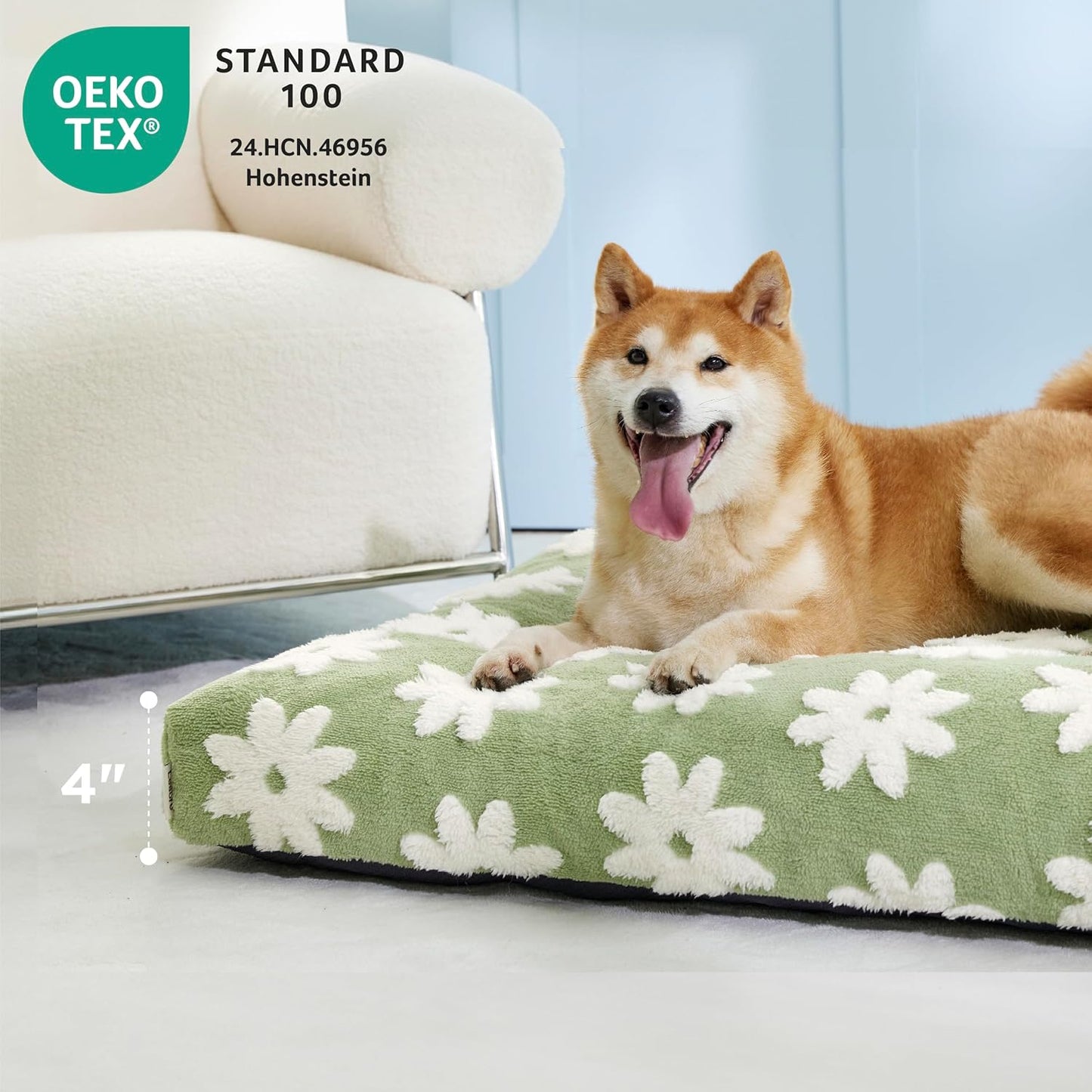 LE SURE XLarge Dog Bed-Thick Shredded Chopped Foam Pet Bed Indoor with Removable Cover, Cute Modern Fuzzy Plush & Anti Slip Bottom, Green