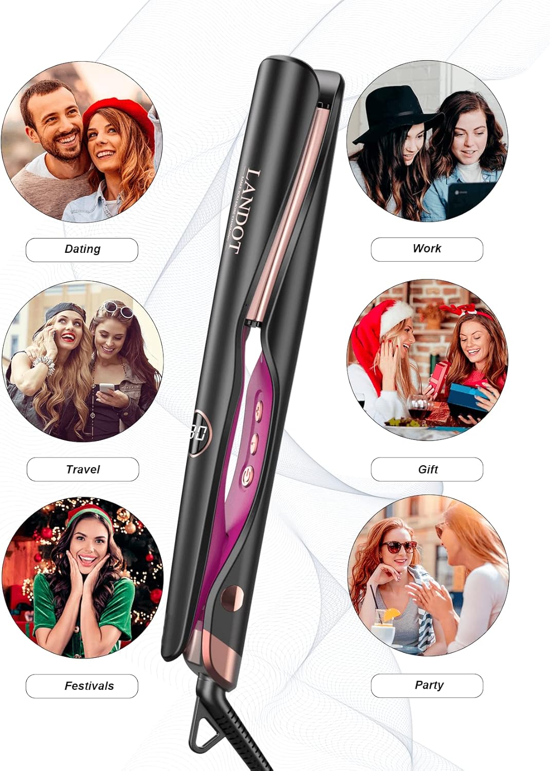 LANDOT 2-in-1 Hair Straightener Curling Iron - Twist Floating Plates for Curl & Straight, Anti-Frizz & Tangle-Free, Dual Voltage Adjustable Temp 250-450°F for All Hair Types