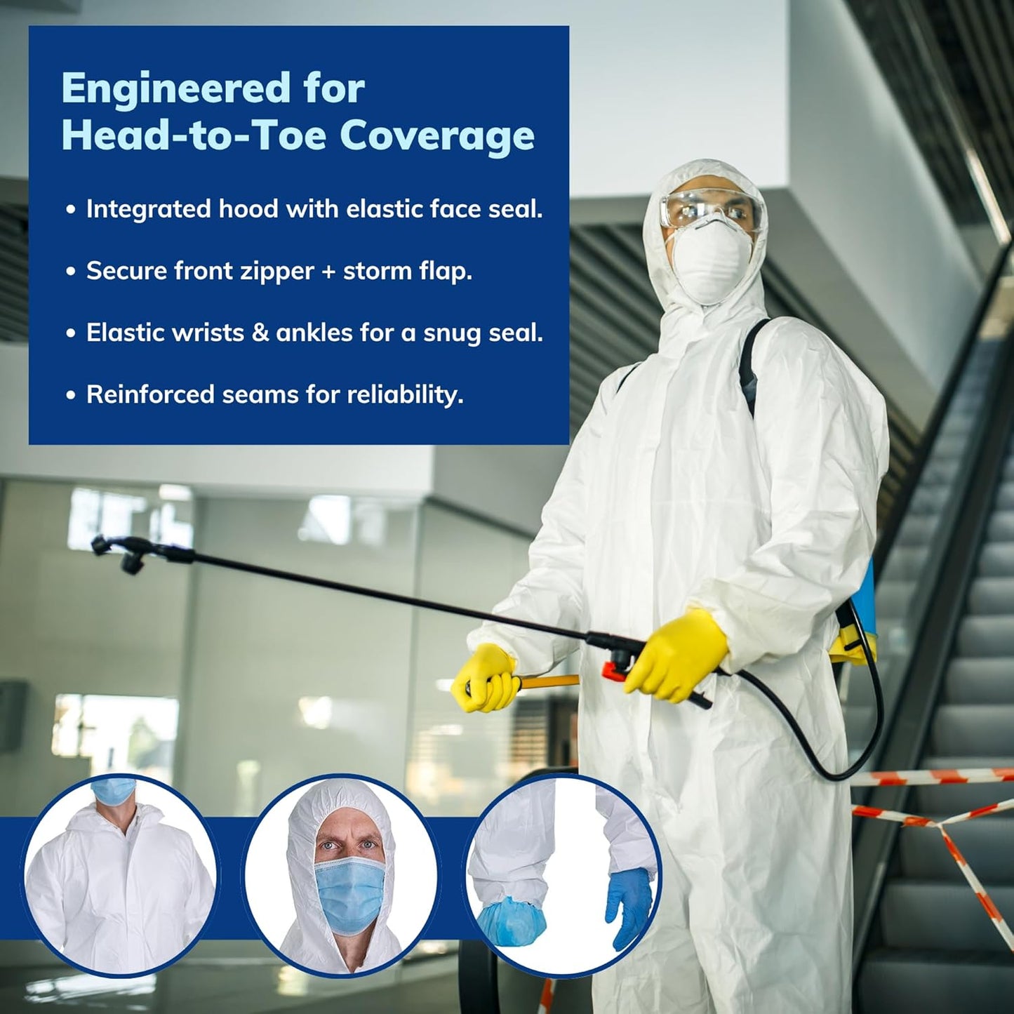 PENTAGON SAFETY EQUIPMENT Disposable Overalls, Full-Coverage Hazmat Suit with Hood, White Coveralls for Work & DIY Men/Women.