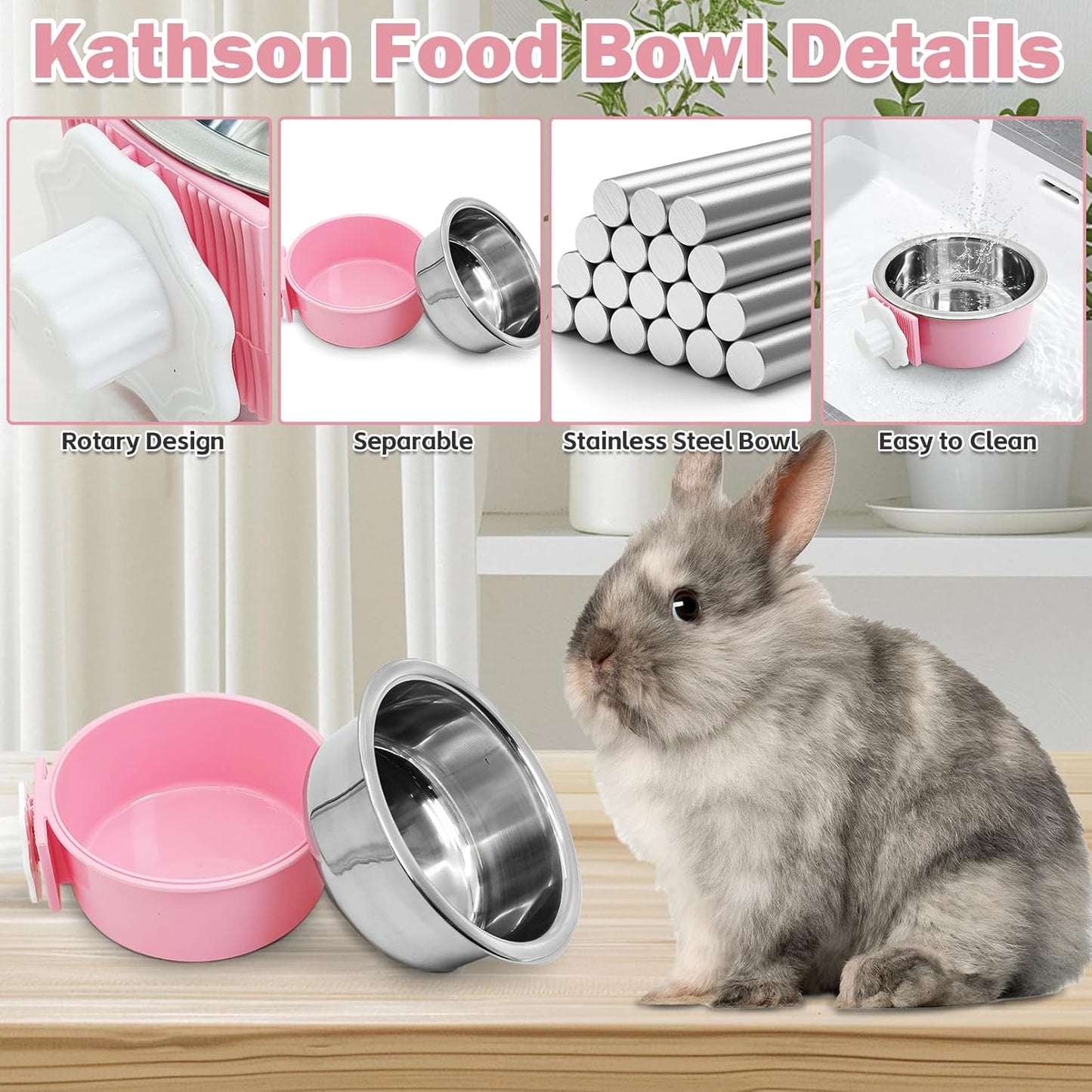 kathson Rabbit Suspended Feeder Dispenser Hanging Water Fountain Automatic Bottle,Crate Bowl Removable Plastic Stainless Steel Pet Cage Coop Cup with Bolt Holder Set for Bunny Cat Dog and Other Animal