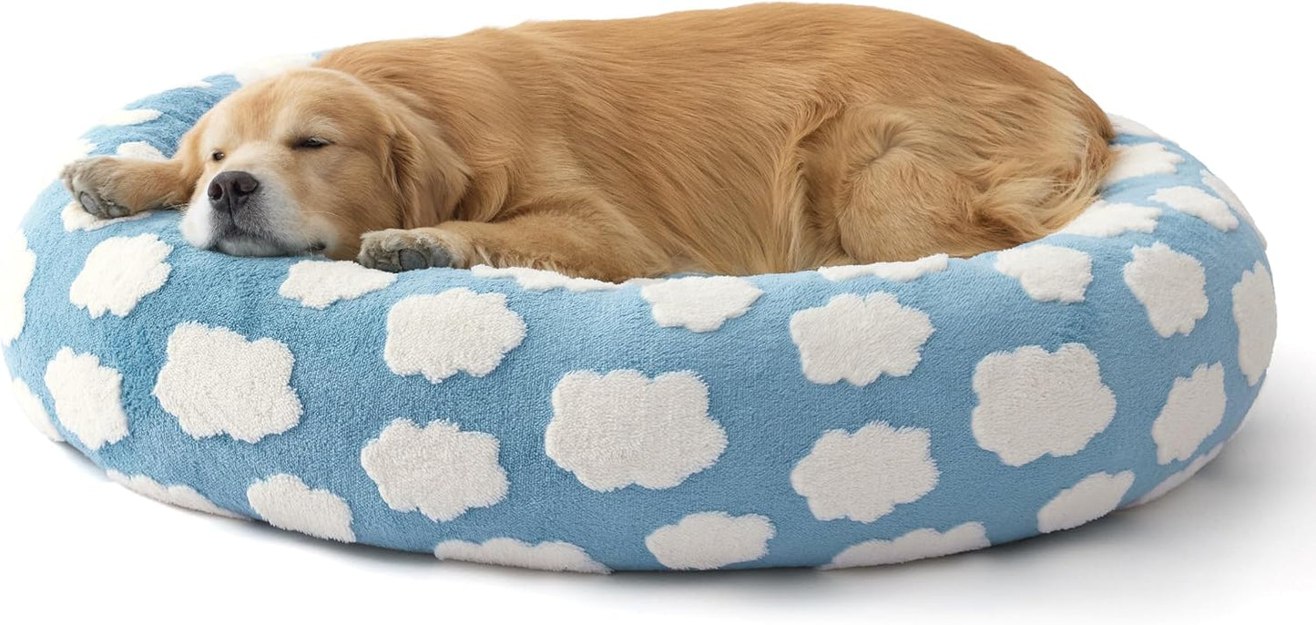 LE SURE Shown on TV Donut Dog Beds Extra Large Sized Dog - Round Pet Beds for Calming Puppy with Washable Cover, Orthopedic Modern Beds with Jacquard Shaggy Plush & Anti Slip Bottom, 42 Inch，Blue