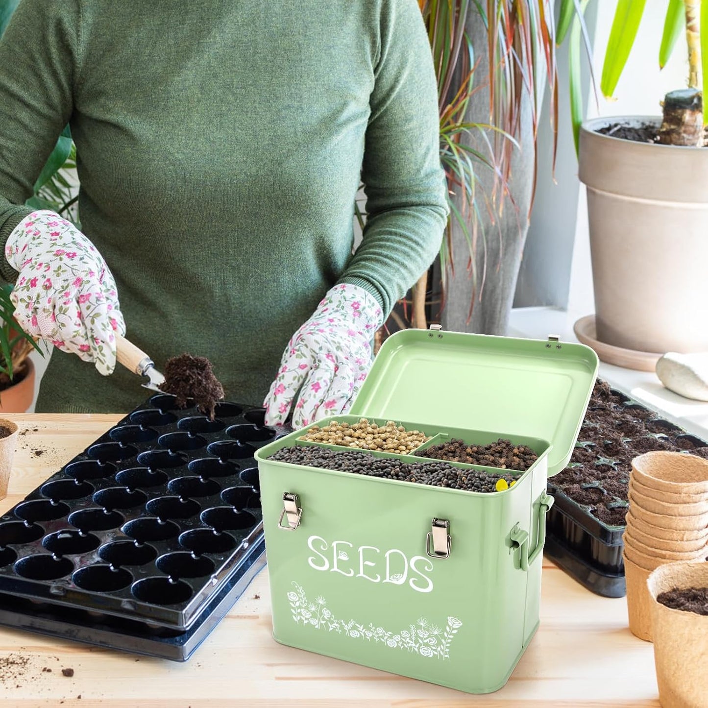 Seed Storage Organizer, Metal Seed Saving Box with Garden String and 10 Wood Plant Labels, 3 Compartment Seed Container Bin with Lid and Safety Locks, Perfect for Flower Plants Garden Lover