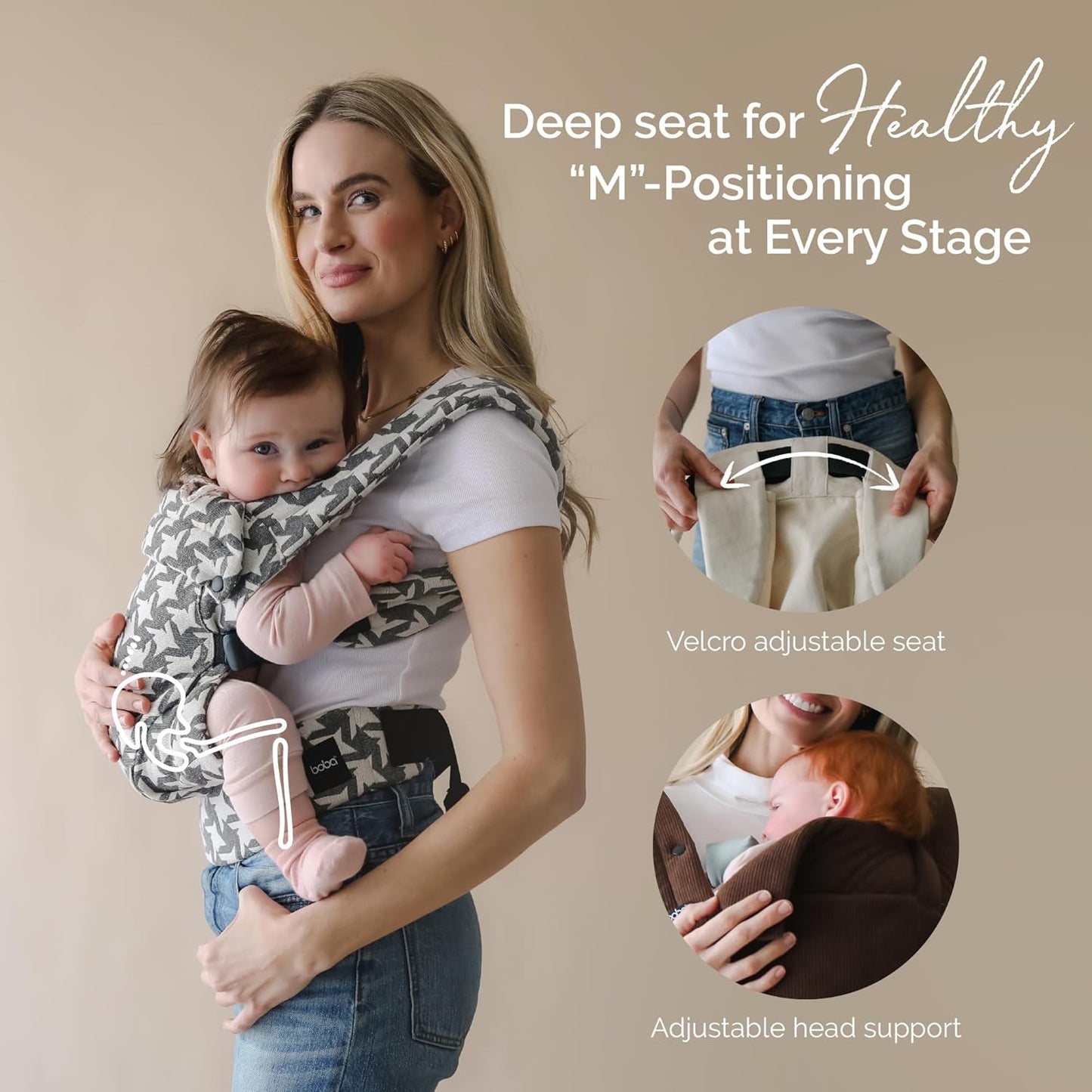 Boba Auri Baby Carrier Newborn to Toddler - 100% Cotton Premium Newborn Carrier, 3 Ergonomic Positions (Front in/Front Out/Back), “M”-Position Baby Carriers with Adjustable Seat (7-45 lbs) - Gray