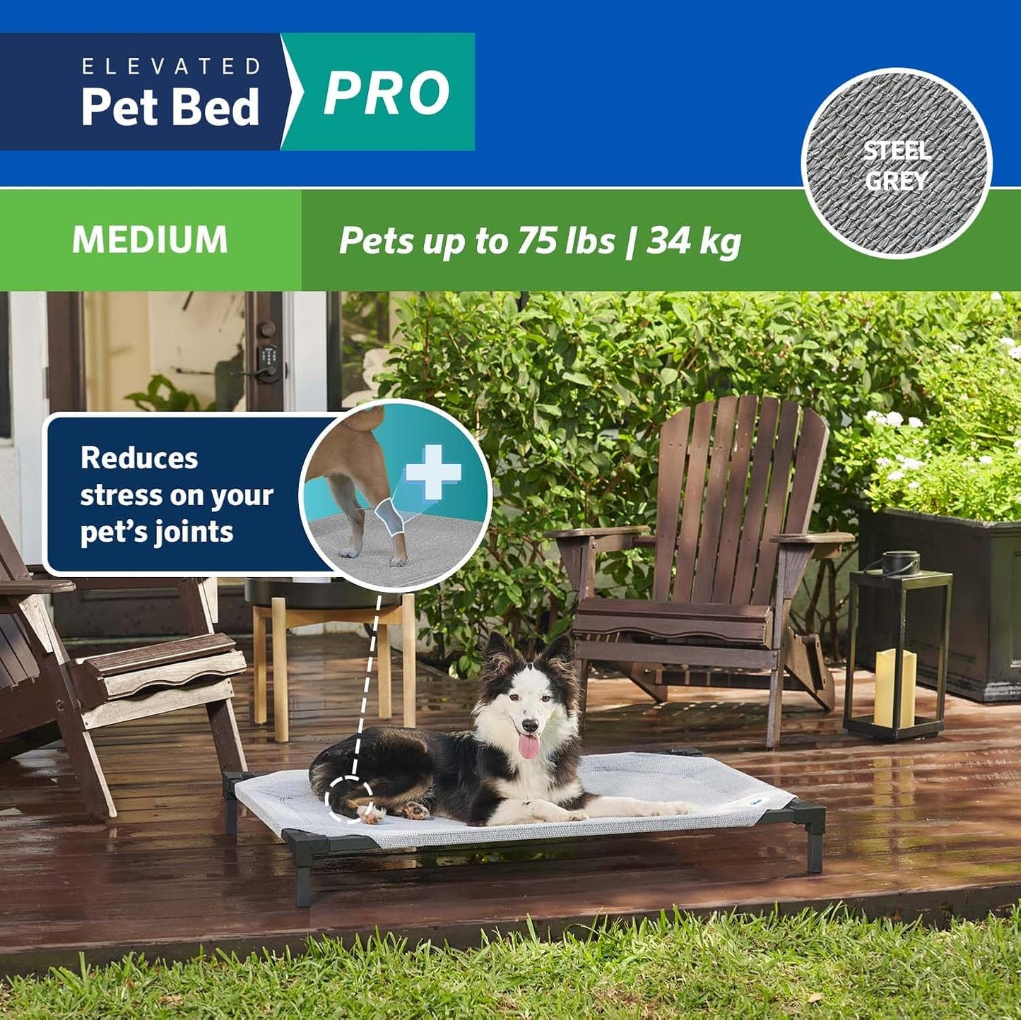 Coolaroo Pro Elevated Dog Bed - Low-Profile Access, Moisture-Resistant Cover, Breathable Fabric & Tool-Free Setup, Steel Gray, Medium