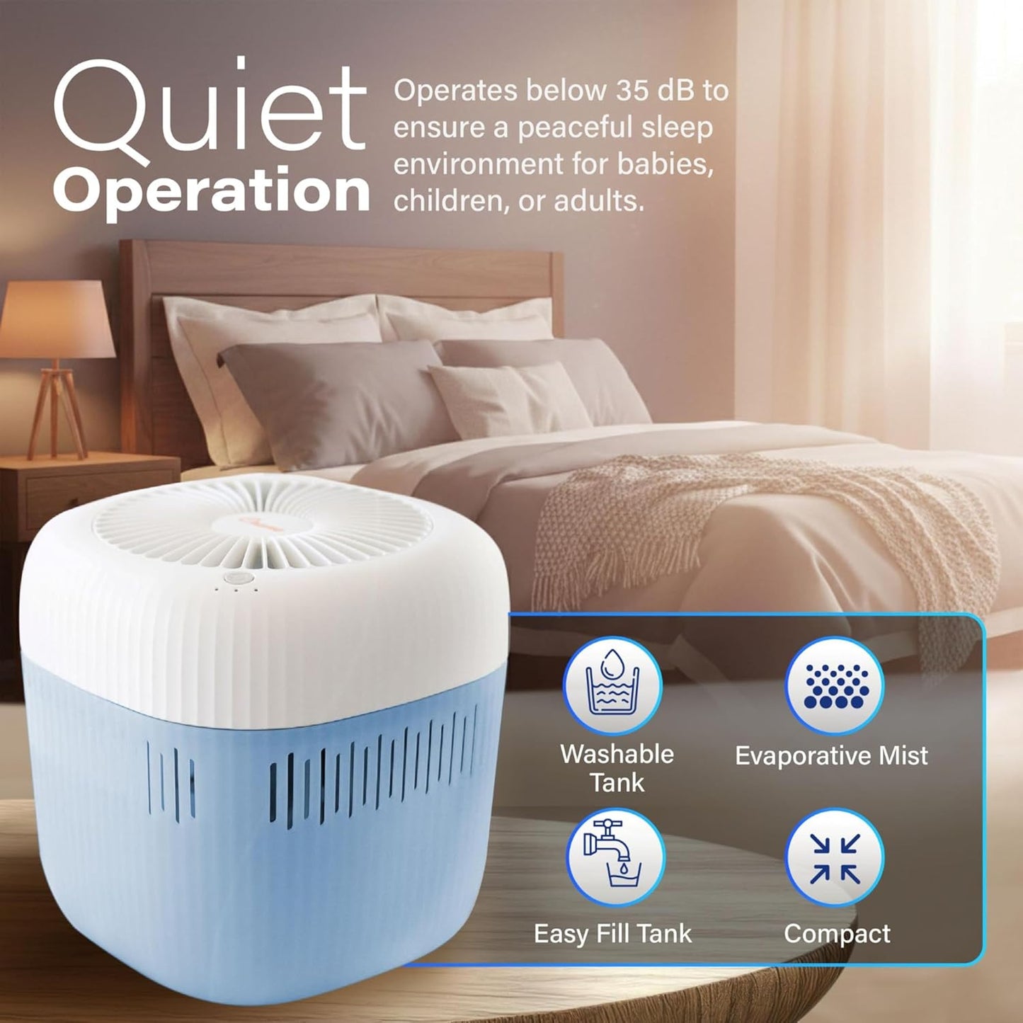 Crane Evaporative Humidifier With Wick Filter, Dishwasher Safe Tank, UV Light, Invisible Mist Evaporative Humidifiers for Bedroom, Nursery, Office, Easy Clean Humidifier 3.8L Tank, Up To 250 SQ FT