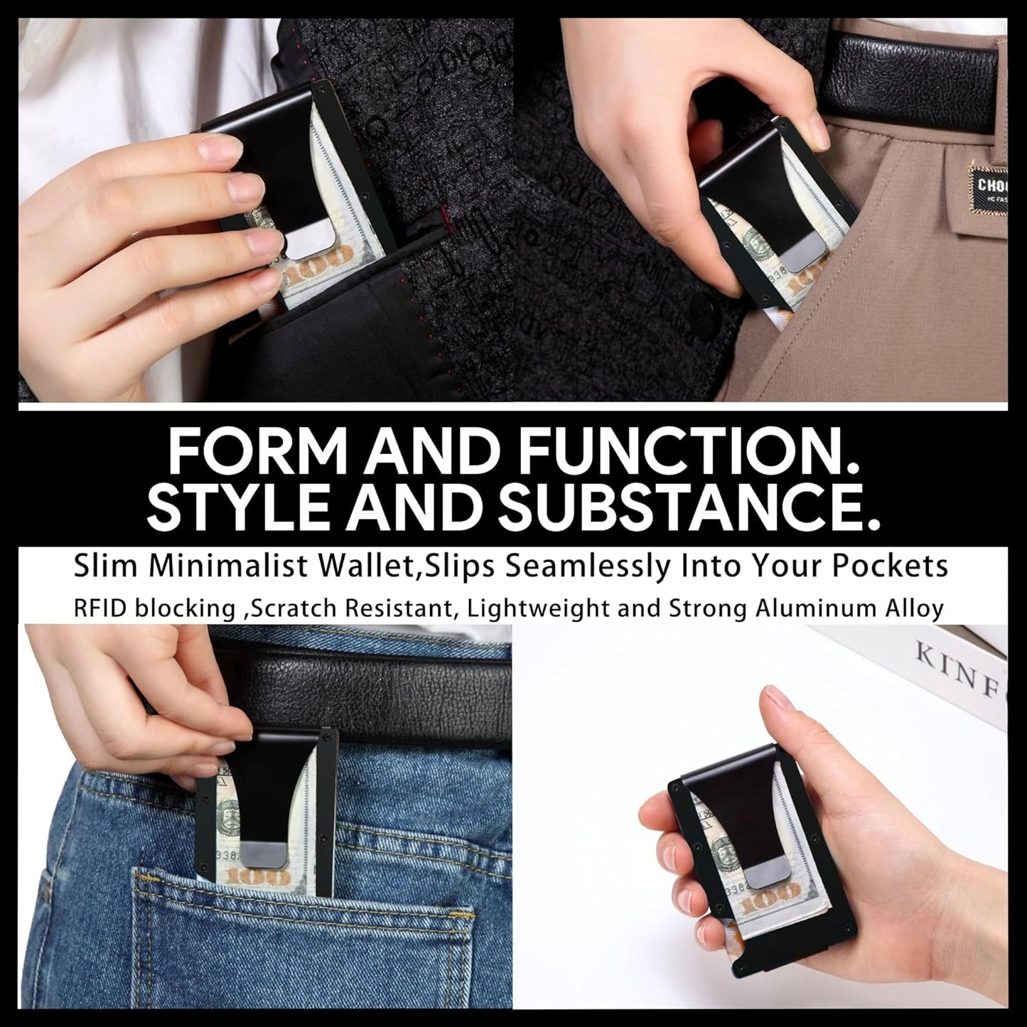 Wallet for Men, Slim Minimalist Carbon Fiber Wallet with Metal Money Clip/Cash Strap, RFID Blocking Aluminum Card Holder,Matte Black