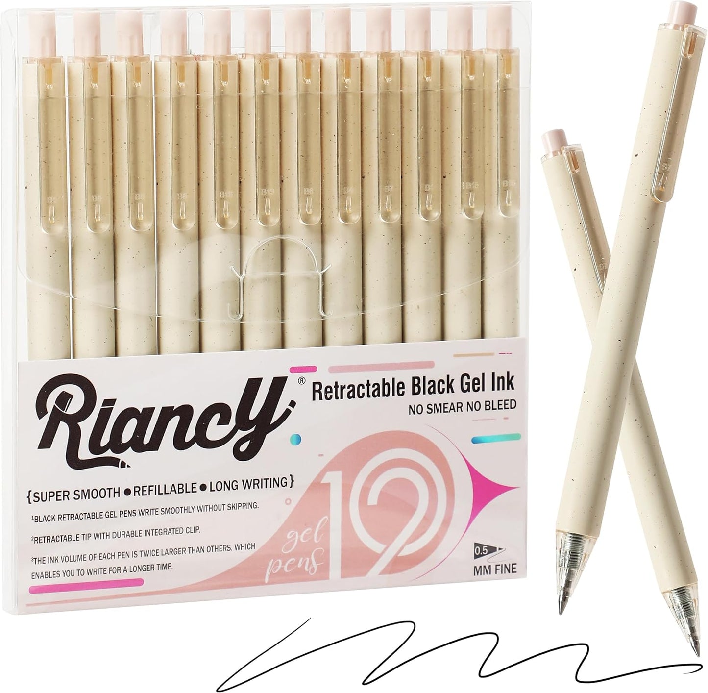 RIANCY Beige Cream Gel Pens 12PCS Value Pack, Cute Aesthetic Neutral Black Ink Retractable Pens, 0.5mm Fine Point Quick Dry Smooth Writing for College School Supplies, Note Taking & Office Essentials