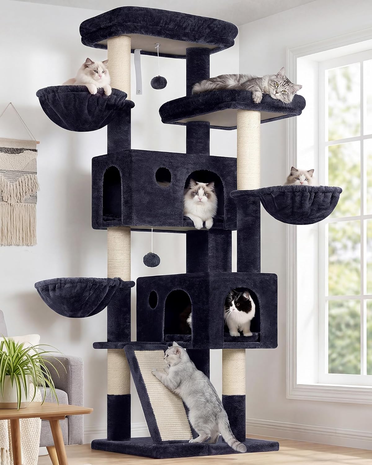 Globlazer Large Cat Tree, 72 inch Tall Cat Climbing Tower for Indoor Large Adult Cats Multi-Level Furniture Tree House with 2 Cozy Perches, 2 Padded Condos, 5 Sisal Scratching Posts, F72G, Dark Grey