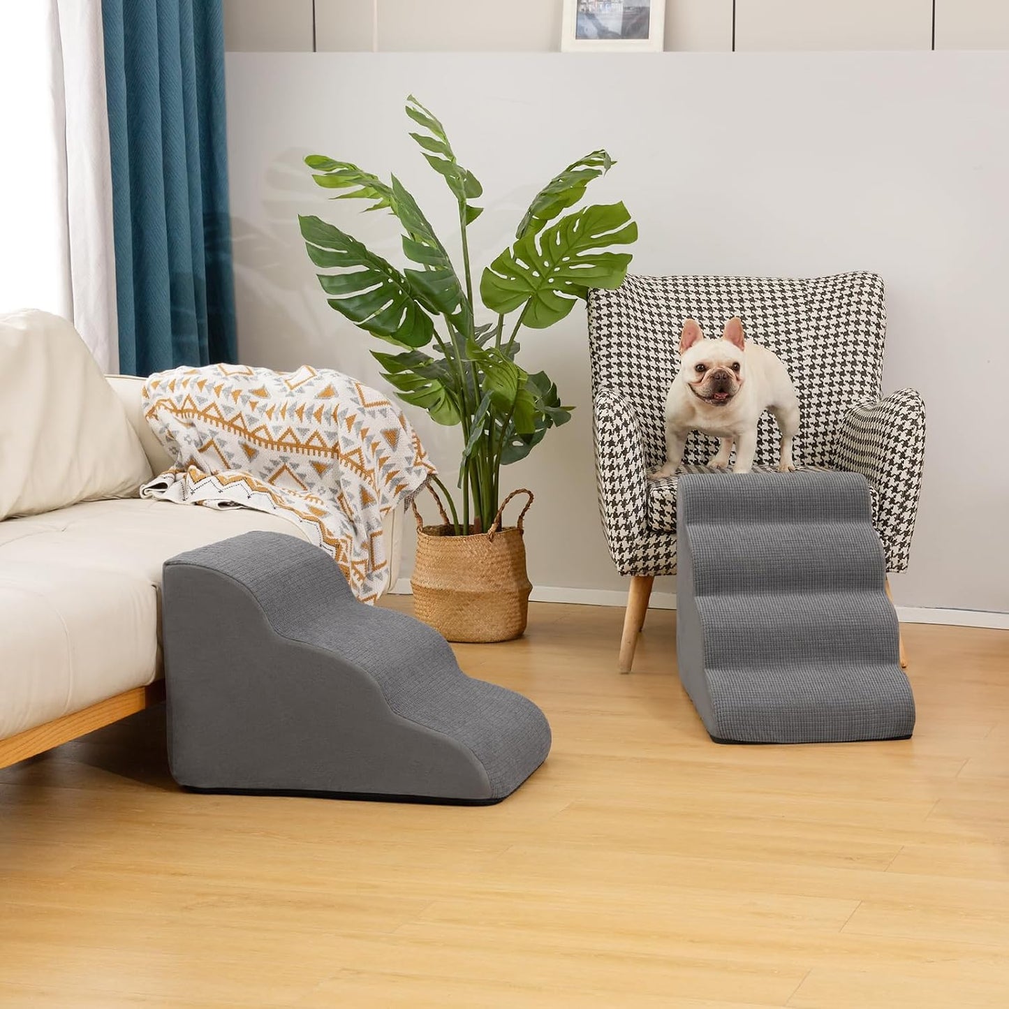3-Step Dog Ramp and Stairs for Sofa and Chair - Non-Slip Sturdy Pet Steps for Small Dogs and Cats,15.7" H,Grey