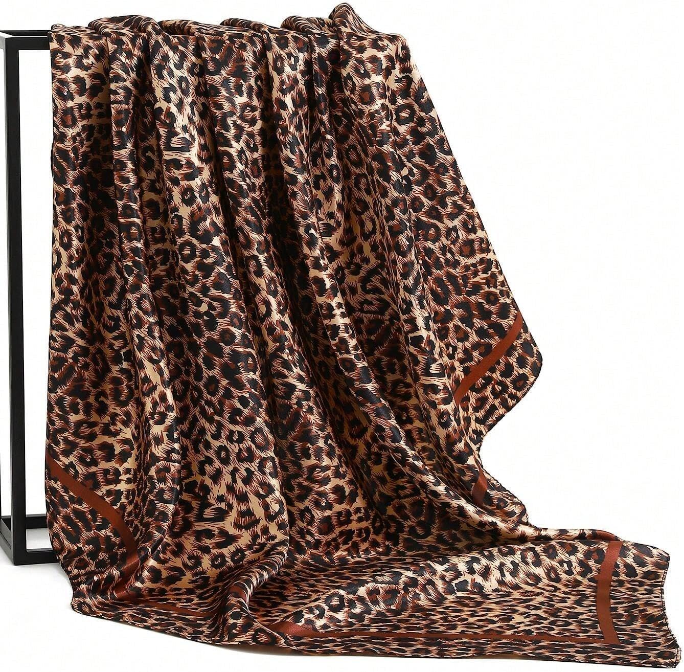 35 Inch Leopard Print Silk Head Scarf for Women Satin Hair Neck Scarf Wrap Large Lightweight Bandana