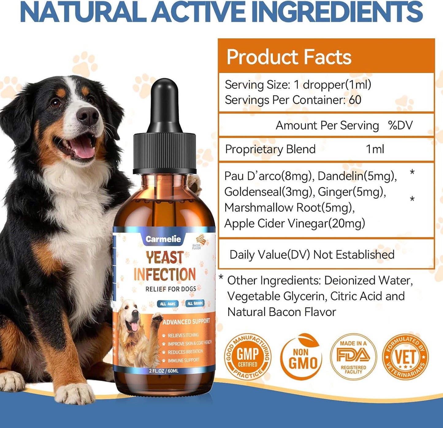 Natural Yeast Relief for Dogs, Support Healthy Itch Relief, Ear Paw Discomfort Care, Itch Relief for Dog, Allergy Supports, Inflammation Relief for Dogs, 60ml Bacon Flavor