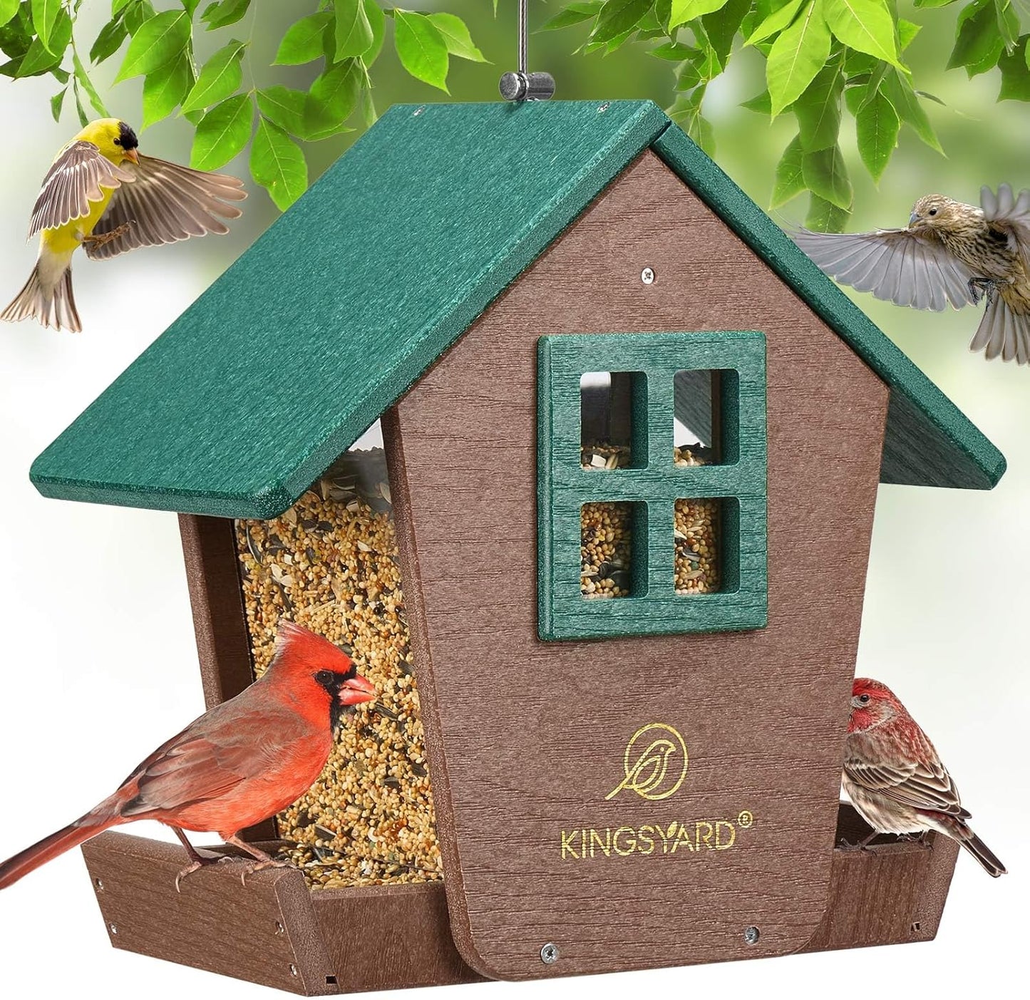 Kingsyard 4 lbs Large Bird Feeder House for Outdoors Hanging, Recycled Plastic Bird Feeder Hopper with Weatherproof Roof & Capacity Tray for Cardinal Bluebird, Garden Yard Outside Decor, Green