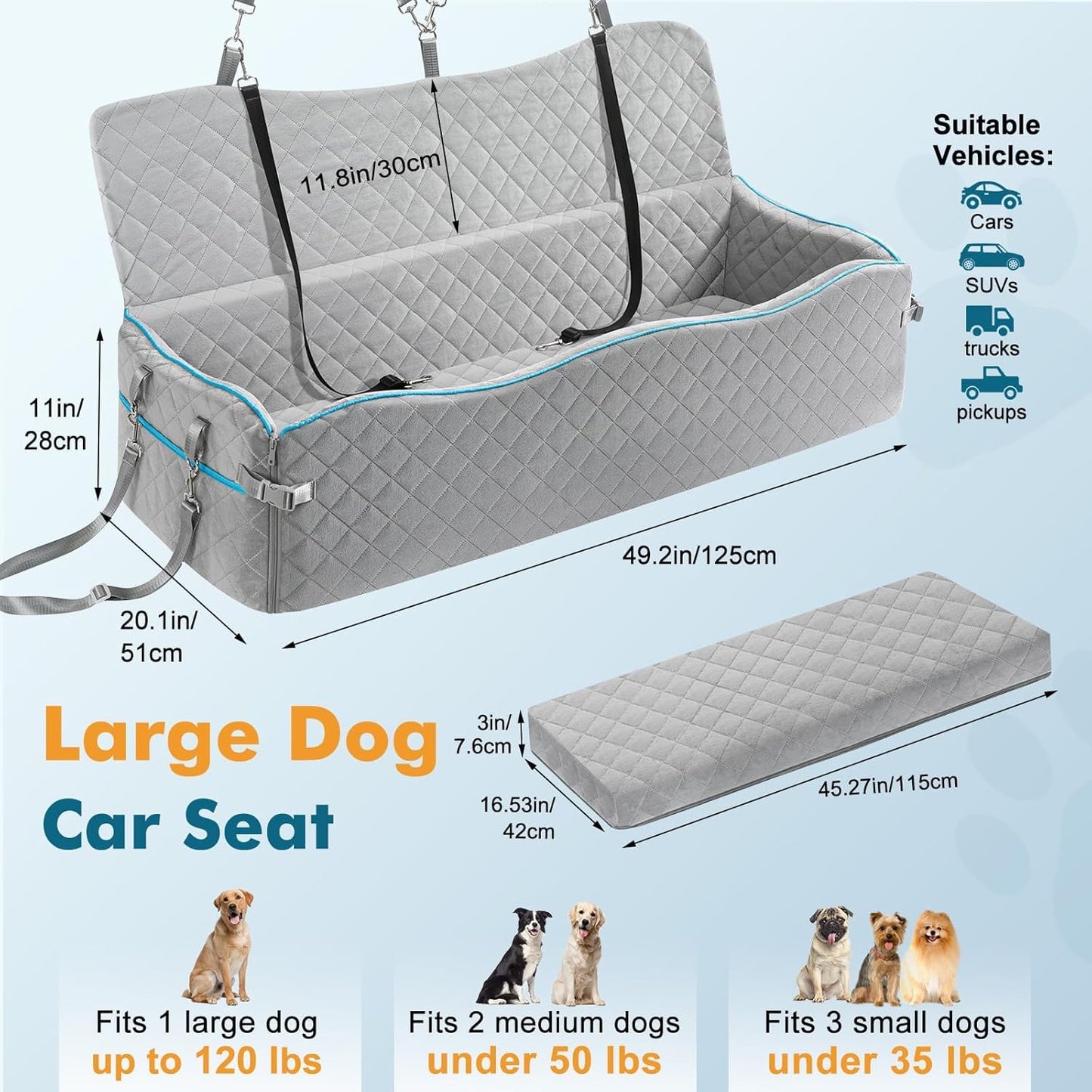 Large Dog Car Seat, Dog Car Bed for Large Dogs Under 120lbs, Dog Booster Seat with Thick Cushion and 2 Pet Safety Leashes, Detachable & Washable Pet car Bed for Backseat