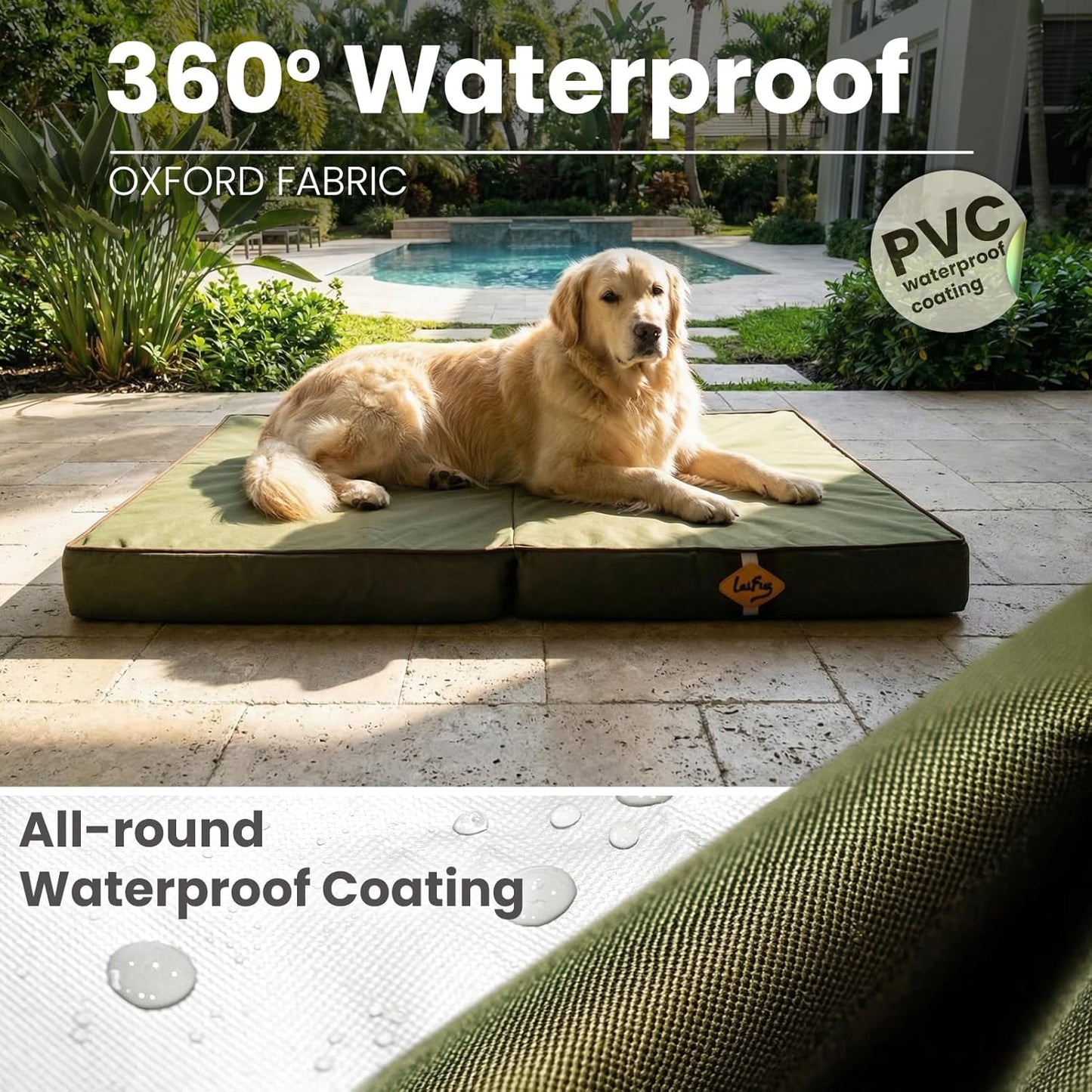 Laifug Foldable Waterproof Dog Bed for Large Dogs - Outdoor Orthopedic Dog Bed with Washable Removable Cover, Pet Mattress with Handles, Army Green, (44 x 32 x 3.5, inches)