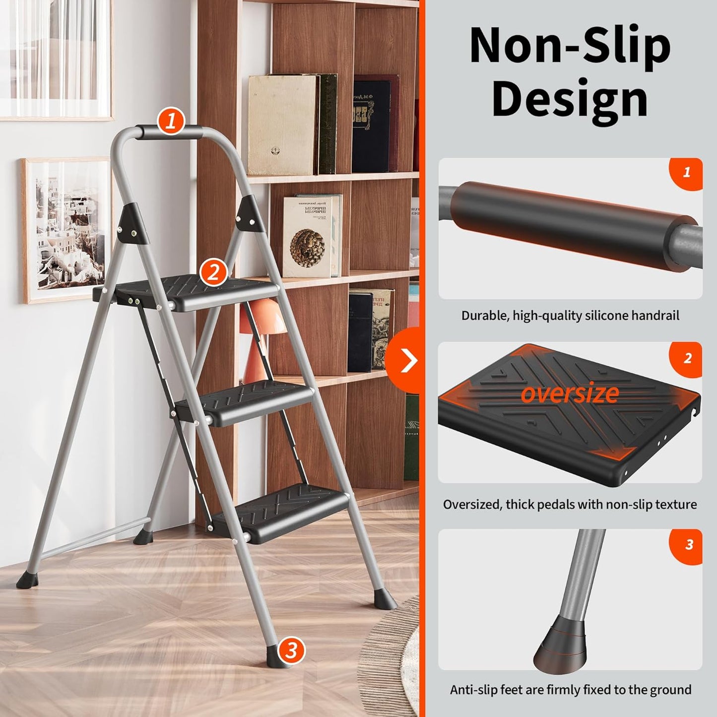 3-Step Ladder Folding Step Stool with Anti-Slip Wide Pedal & Soft Handle, Heavy Duty Steel Construction, 900 lbs Capacity for Home & Office, Grey