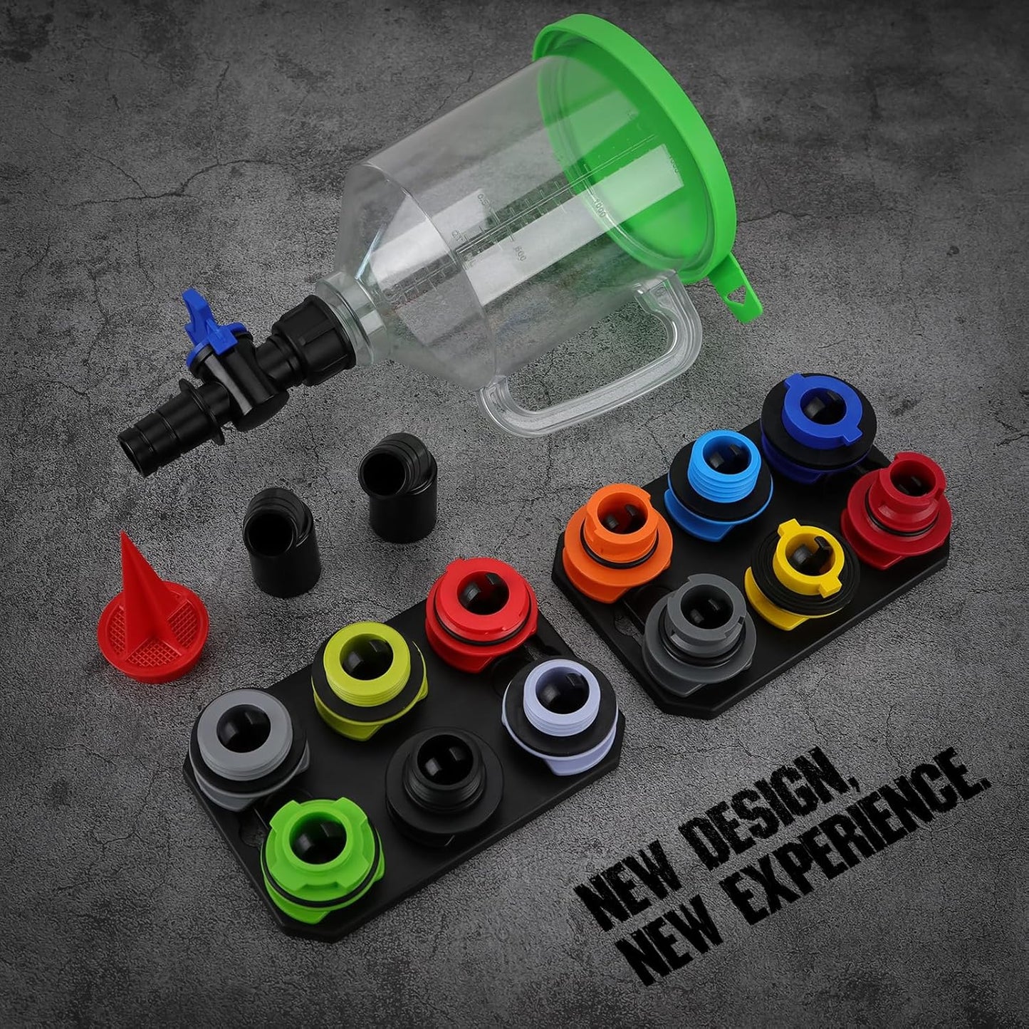 18-Piece Engine Oil Funnel Kit, 1.59QT/1.5L Automotive Oil Funnel Set with 12 Adapters, Elbow Fitting, Arrow Screen and Magnetic Storage Hooks Tray, Compatible with GM, Ford, BMW, Audi, Land Rover Etc