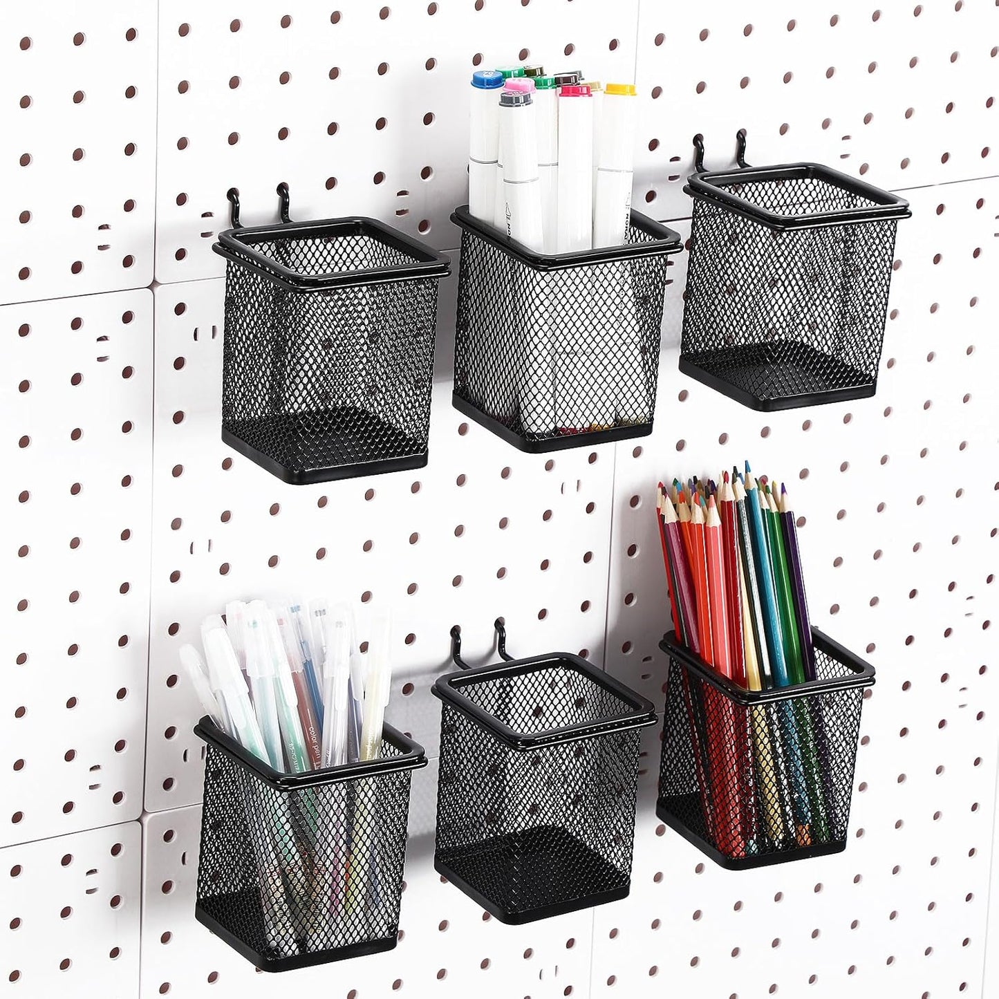 6 Sets Pegboard Cups with Hooks Pegboard Pencil Holder Bin Organizer Black Square Peg Board Accessories Metal Pencil Holder Cup for Home Office Workbench Craft Room Workshop Garage Tool