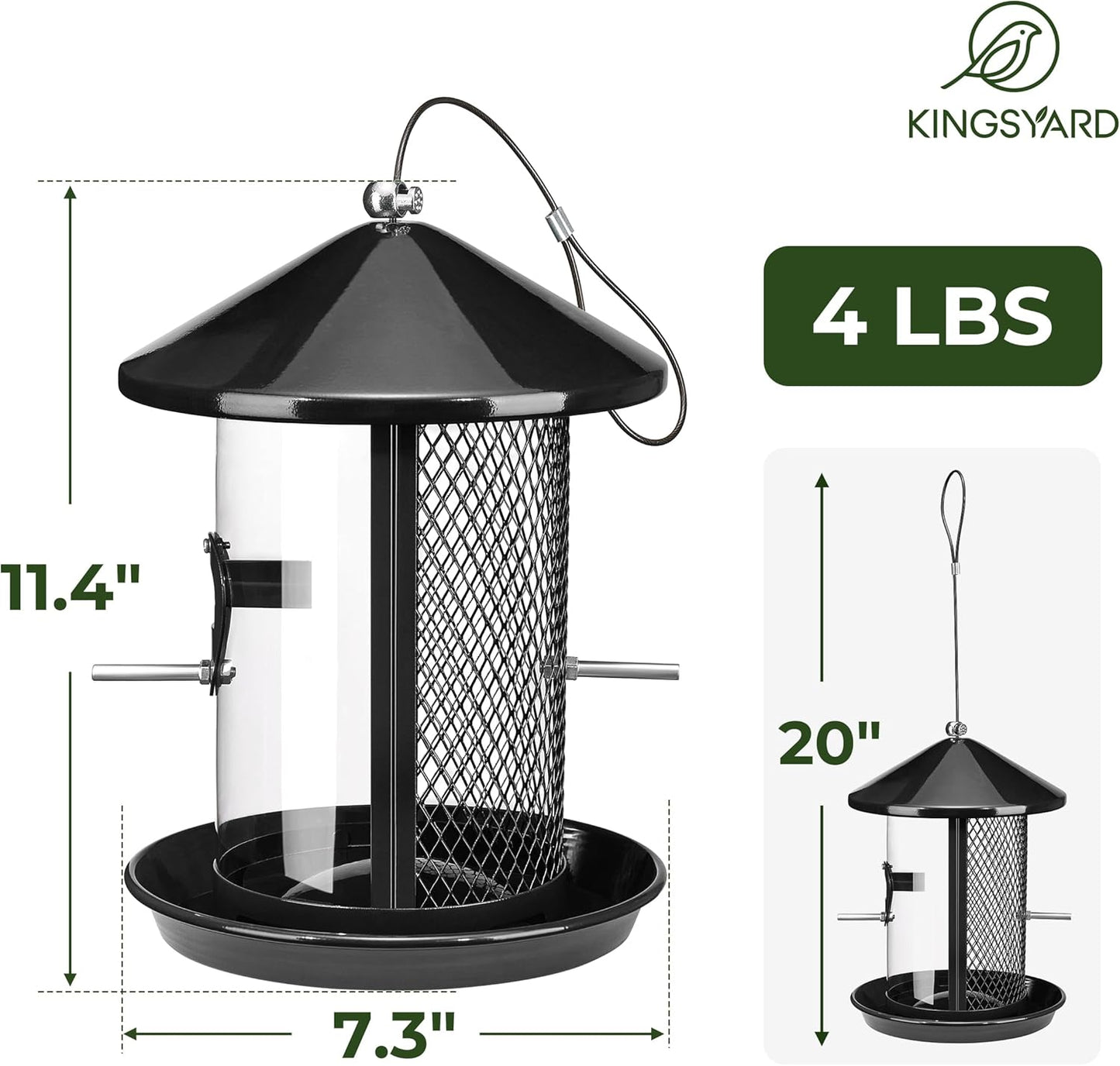 Kingsyard Metal Bird Feeder for Outdoor Hanging - Chew Proof Wild Bird Finch Cardinal Feeder with Dual Chamber of 4 lbs Capacity for Bluebird, Black