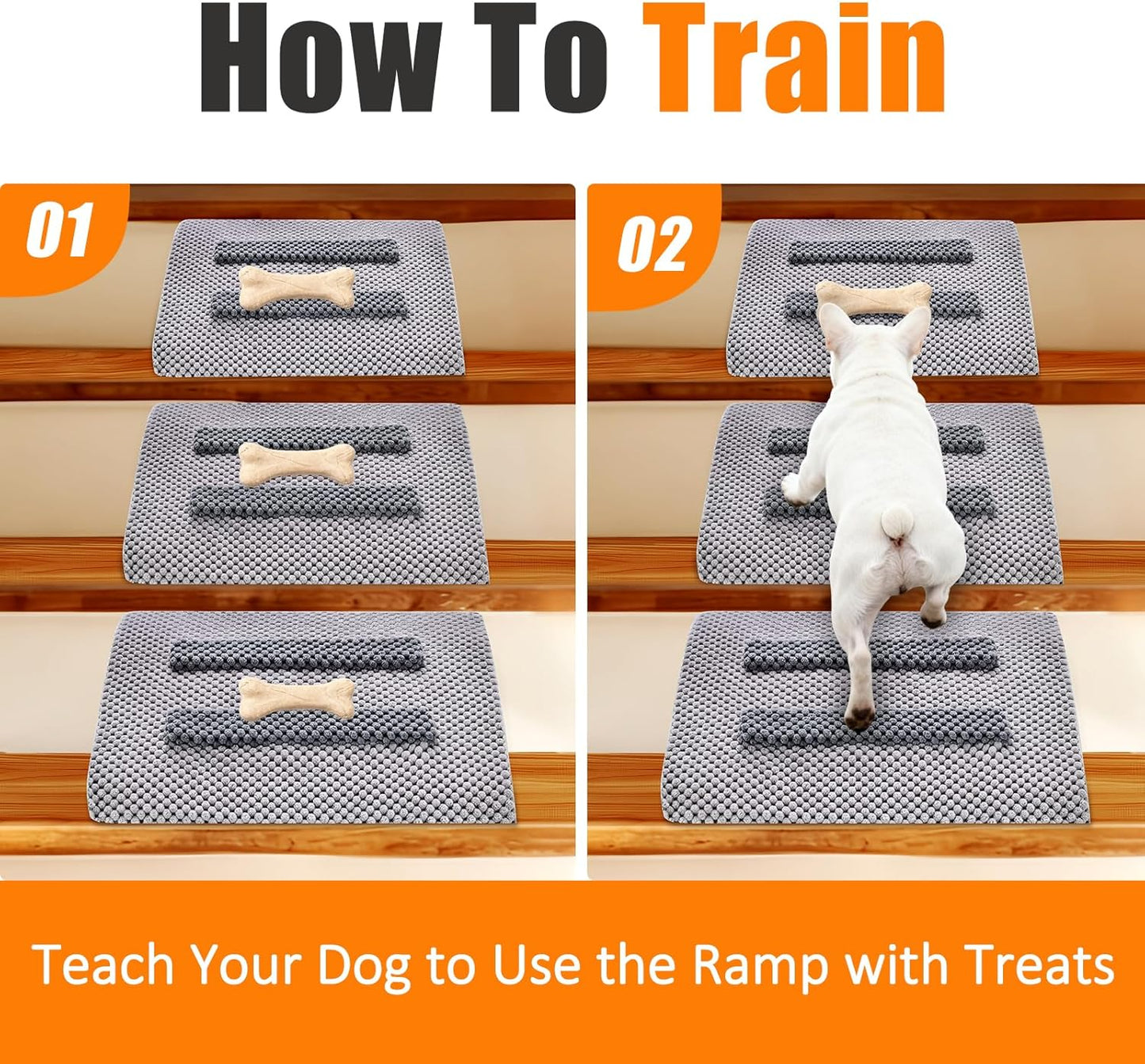 Dog Ramp for Stairs with Anti-Slip Bump for Small & Senior Dogs and Cats – Stair Wedges for Dogs with Gentle Slope, Pet Ramp with Washable Cover & Self-Sticky Pads for Safe Climbing (Gray, 6 Pack)