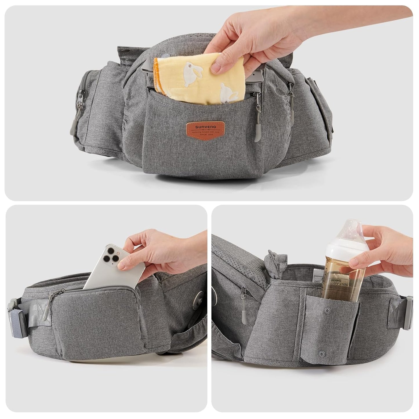 SUNVENO 3 in 1 Ergonomic Baby Carrier with Hip Seat for Newborns and Toddlers, Supports 20 lbs and Up, Waist and Back Relief with Large Weight Capacity for All Season Use, Grey