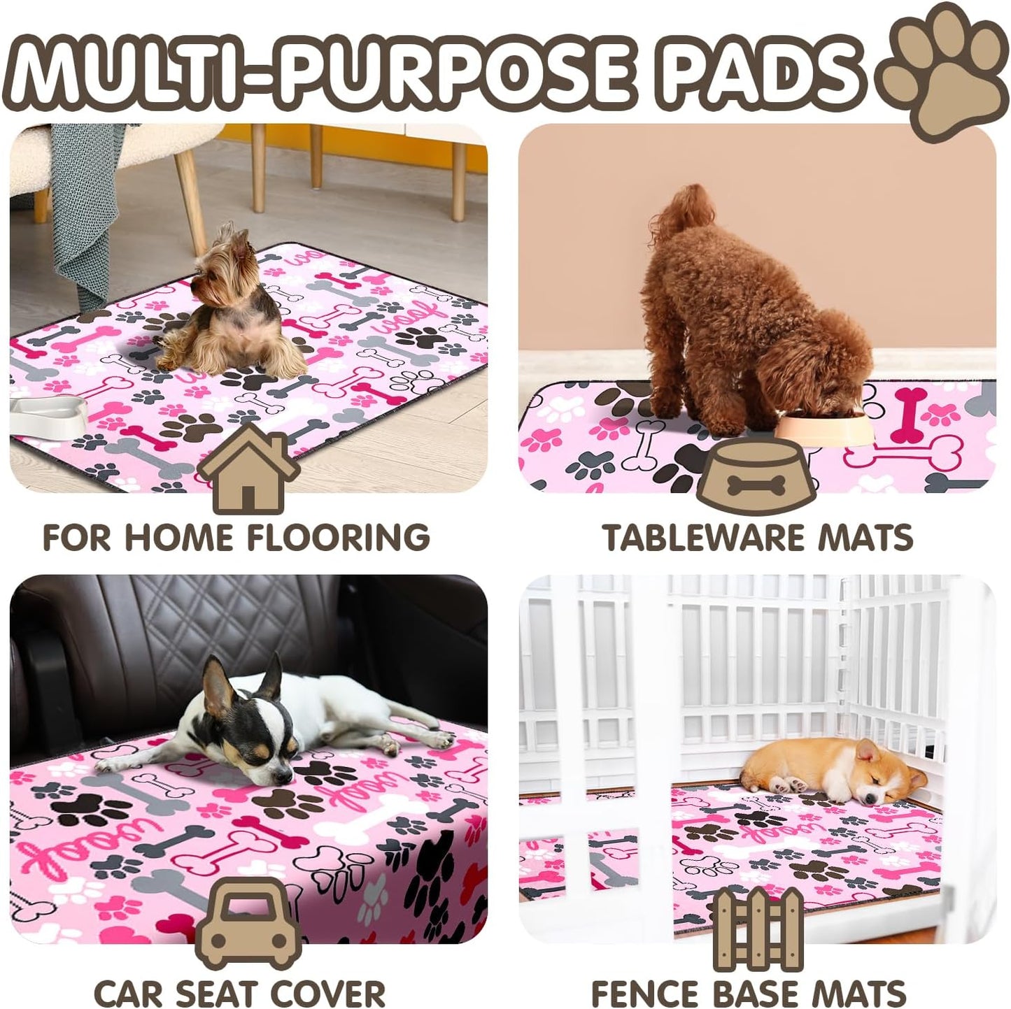 2PC Reusable Potty Pads for Dog-Washable Pee Pads for Floors/Couch/Bed and Crates-with Pink Dogs Paw Pattern Non-Slip Potty Pads for Training 36"x24"