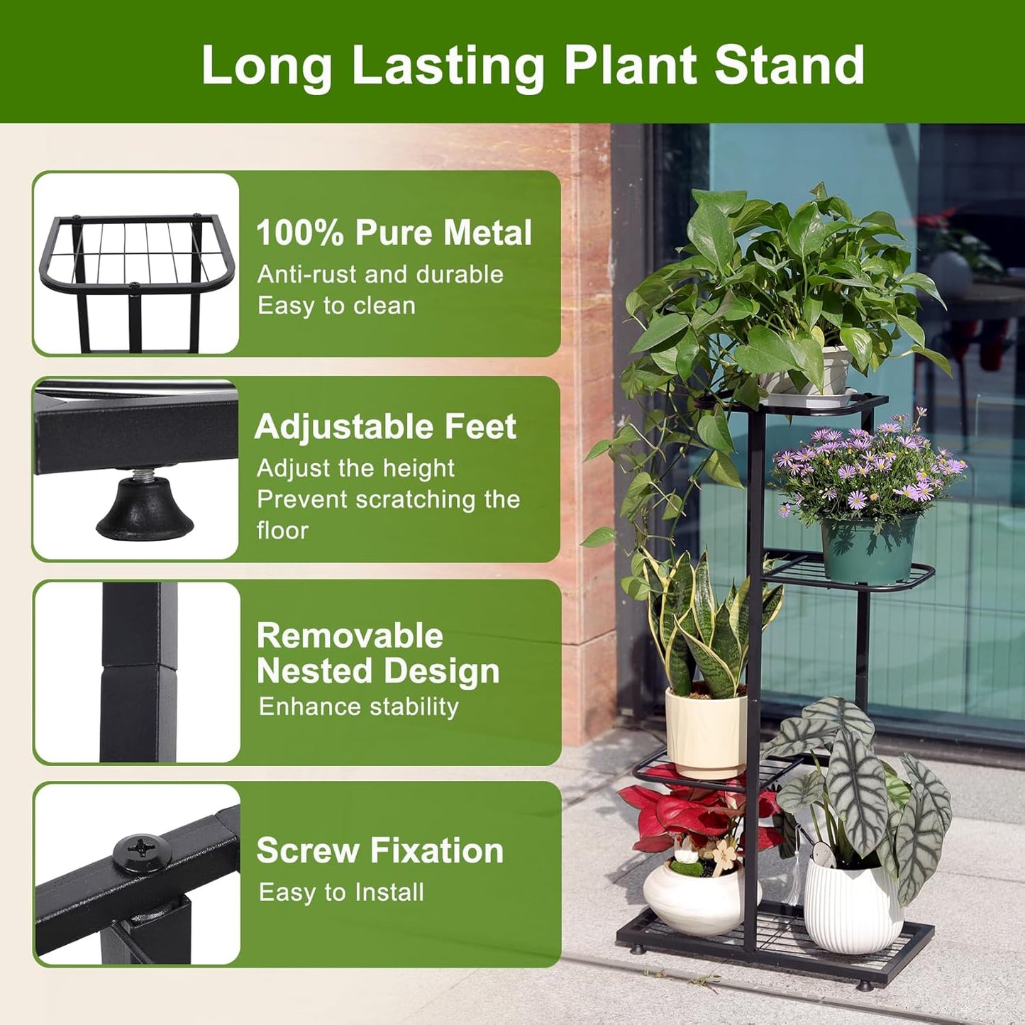 Plant Stand Indoor Outdoor, Corner Metal Plant Stands, Heavy Duty Tall Planter Shelf for Multiple Plants, Flower Pot Holder for Patio Garden Balcony Living Room (Black, 4 Tier-5 Potted)