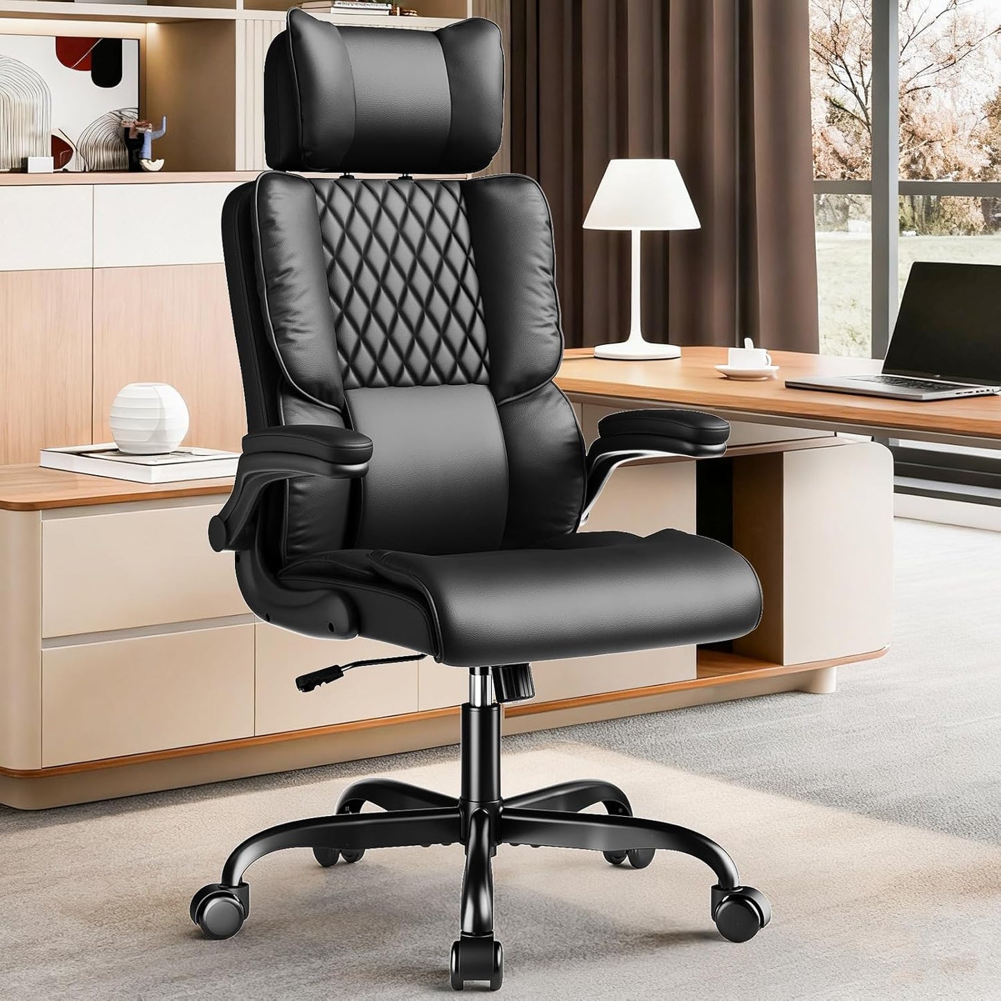 Sytas Executive Office Ergonomic Chair with Adjustable Headrest, PU Leather Desk Chair, High-Back Swivel Task Chair for Home Office, 135° Reclining, Black
