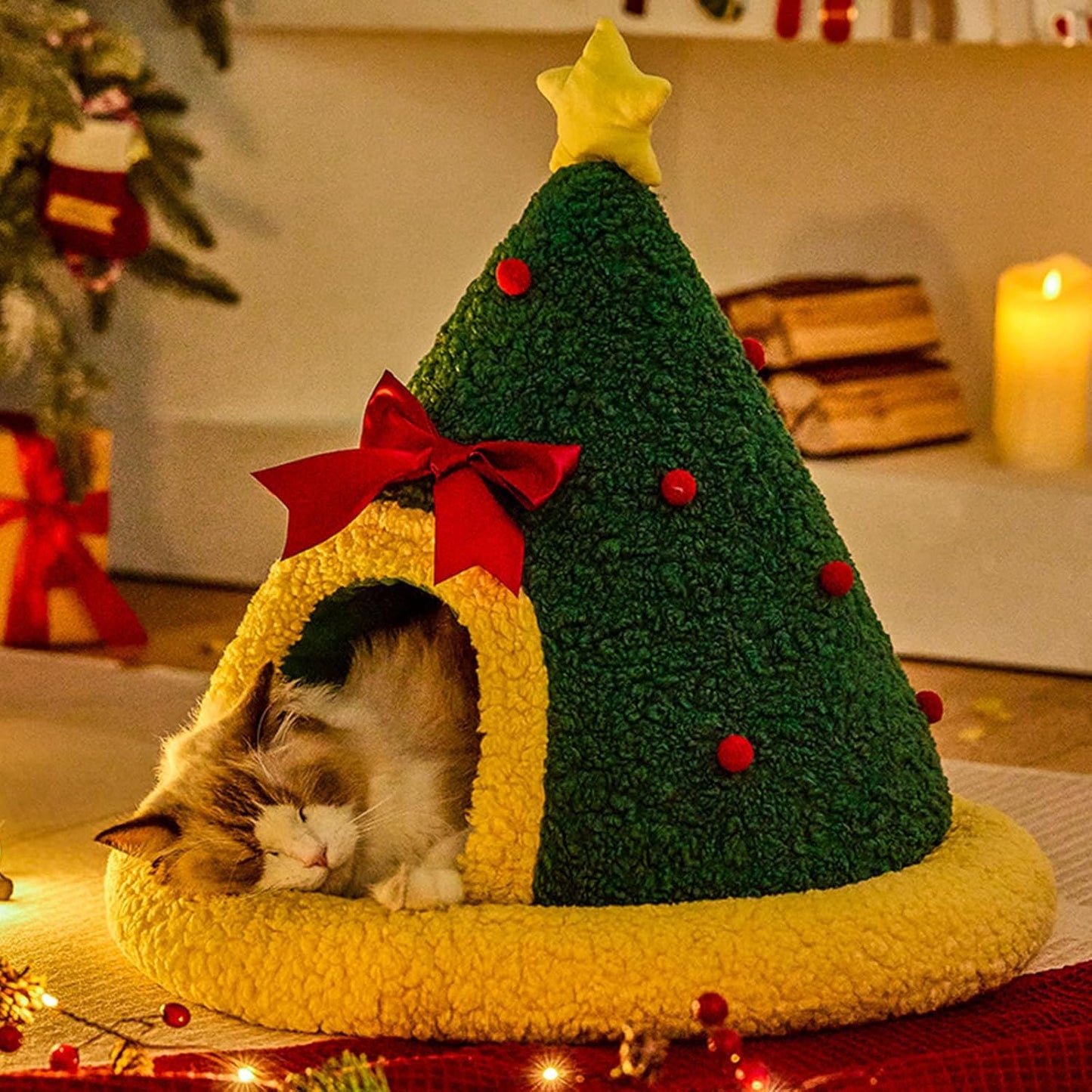 Winter Warm Cats Bed Christmas Theme Soft Foam and Removable Cover Shelter House Rest Bed for Small Animal Home Decors Festival Pet House