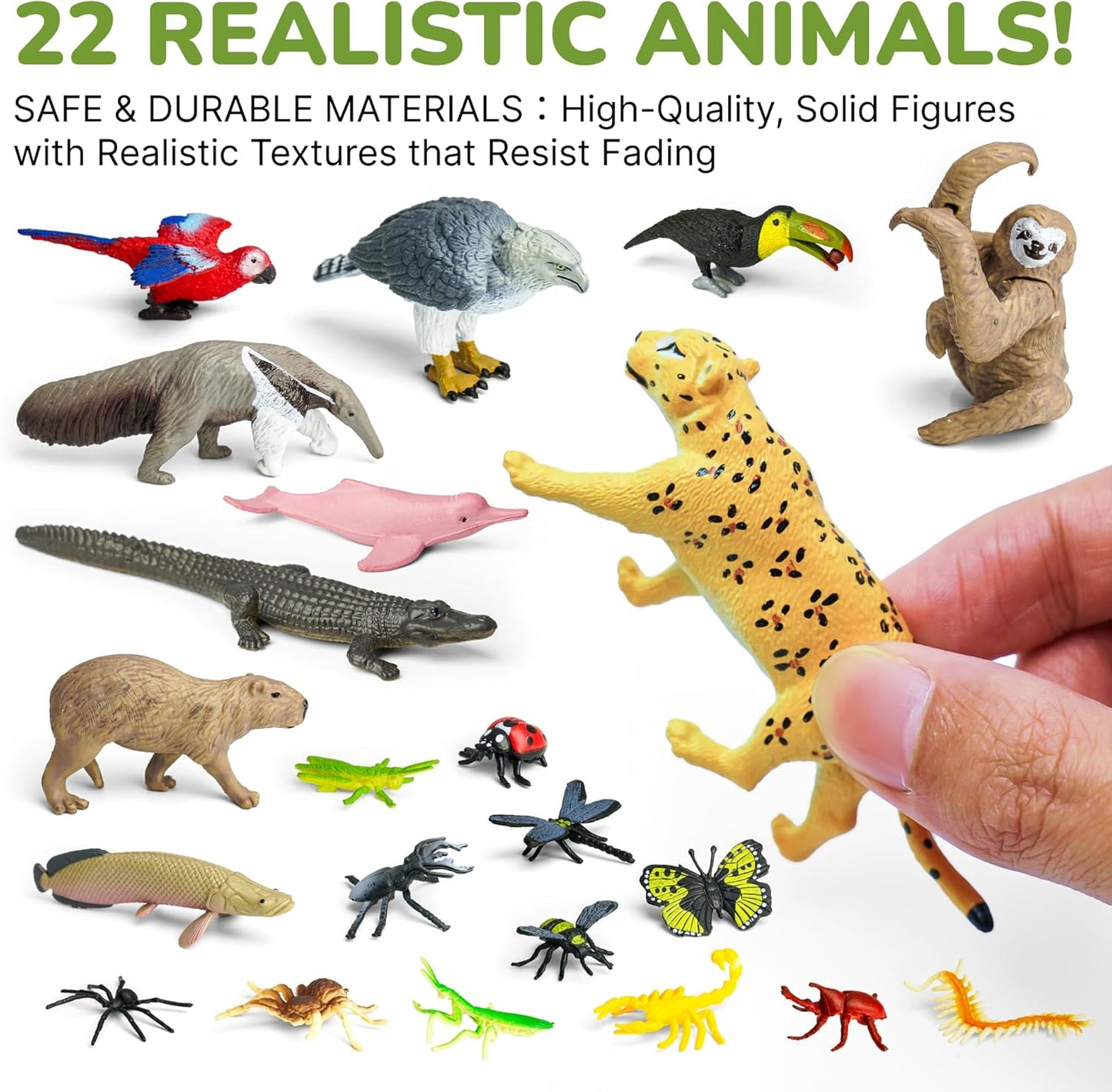 33PCS Rainforest Animals Figures Toys Set, Diorama Project Supplies Include Tropical Jungle Figurines Trees Moss Sand Stones Display Box for Kids Science School DIY