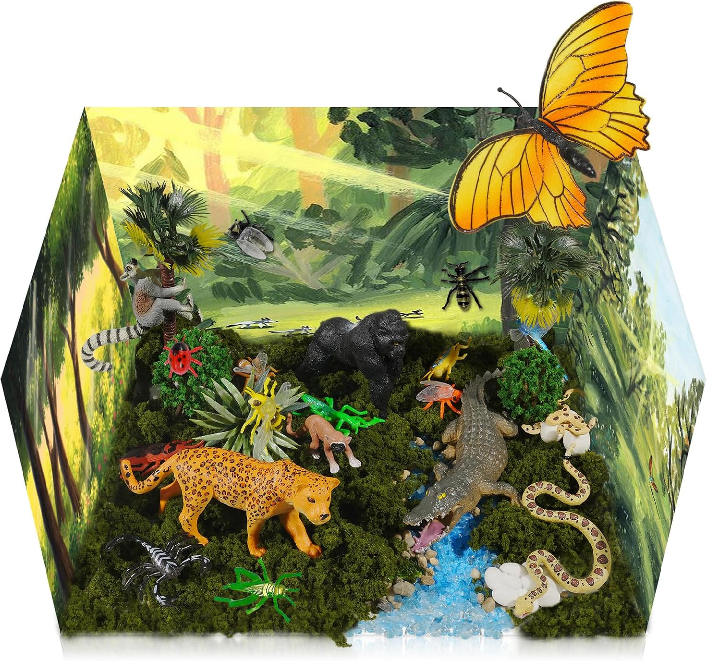 34 PCS Rainforest Diorama Kit Rainforest Animals Figurines Set Assorted Creatures Rainforest Diorama Supplies Animals Model Trees DIY Rainforest Decor