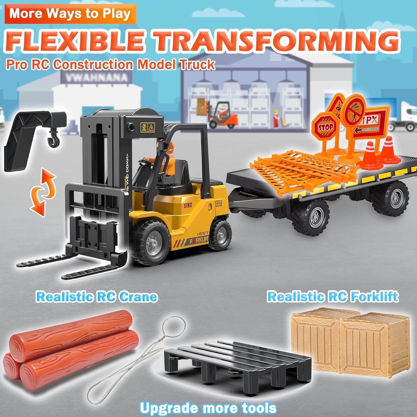 RC Forklift Toy with Trailer, 3 in 1 Remote Control forklift with Transform Lift Fork & Hook, 11 Channel RC Construction Toys with 2 Battery,Spray,Light, RC Forklift for Adults Kids Boys Gift
