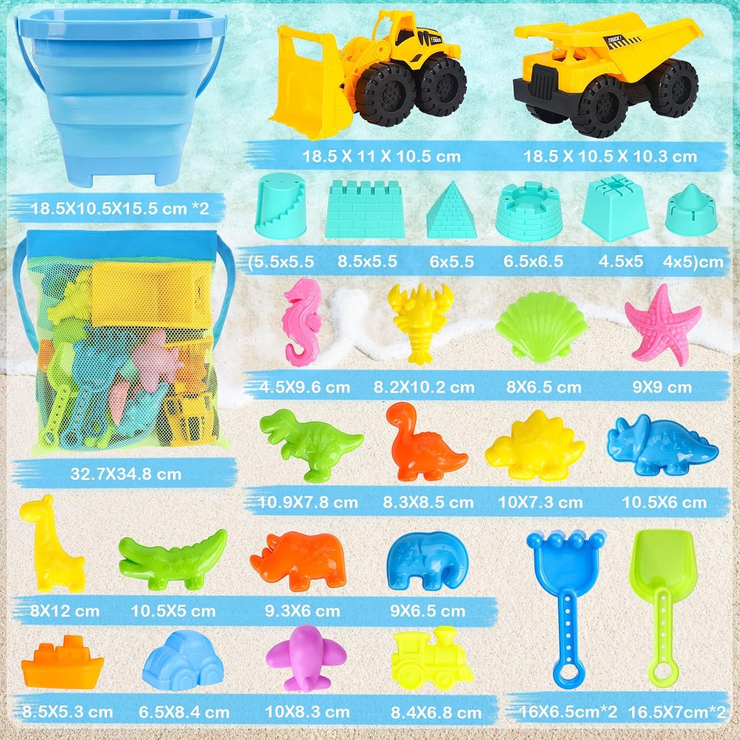 Beach Toys, Sand Toys for Kids Boys and Girls with 2 Construction Vehicle, 2 Collapsible Bucket, Sand Castle Building Kit, Sand Molds, Mesh Bag, Outdoor Toys for Kids Ages 4-8