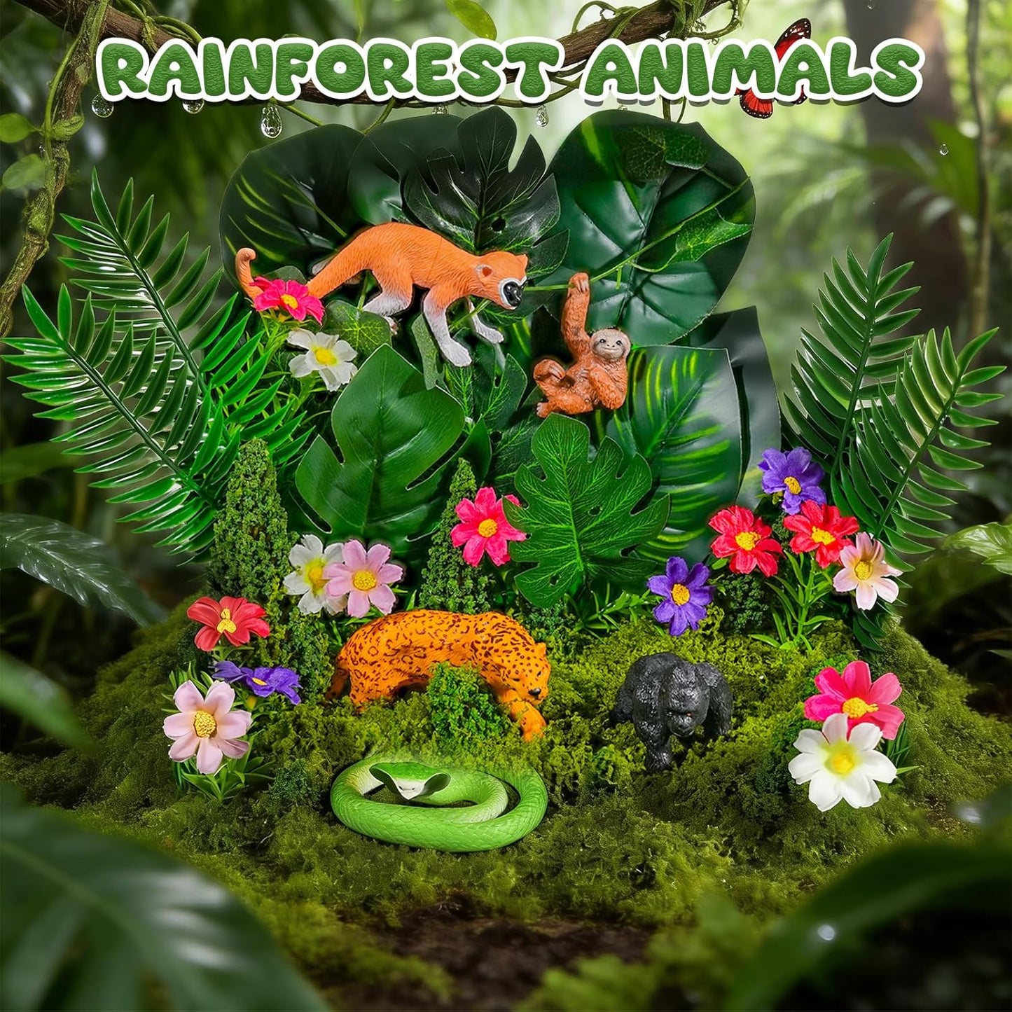 Warmtree 57 Pcs Rainforest Diorama Kit Forest Animals Figures Assorted Creatures Rainforest Diorama Supplies Animals Model Trees for Rainforest Cake Topper Birthday Party DIY Craft Projects