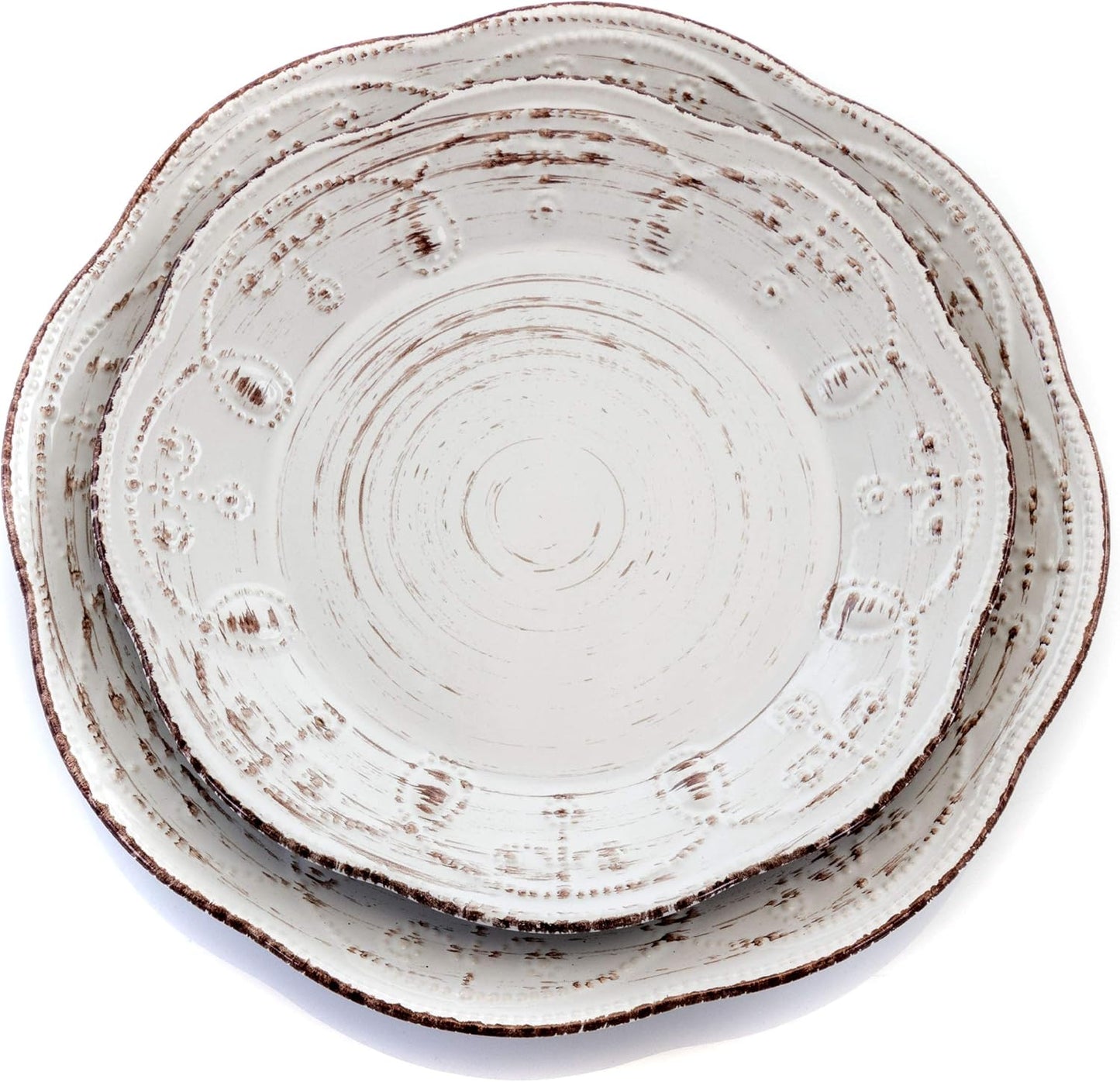 Elama Rustic Birch 16 Piece Embossed Scalloped Stoneware Round Dinnerware Set in White with Brown Accents