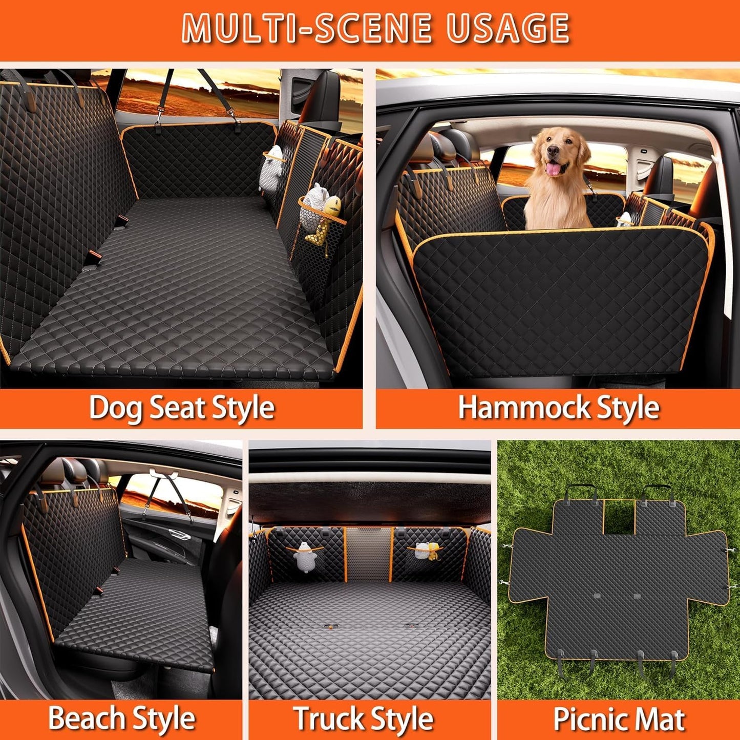 Back Seat Extender for Dogs - Large Space, Waterproof Dog Car Seat Cover for Back Seat with Hard Bottom Holds 420lbs, 600D Heavy-Duty Upgraded Material Dog Hammock for Car