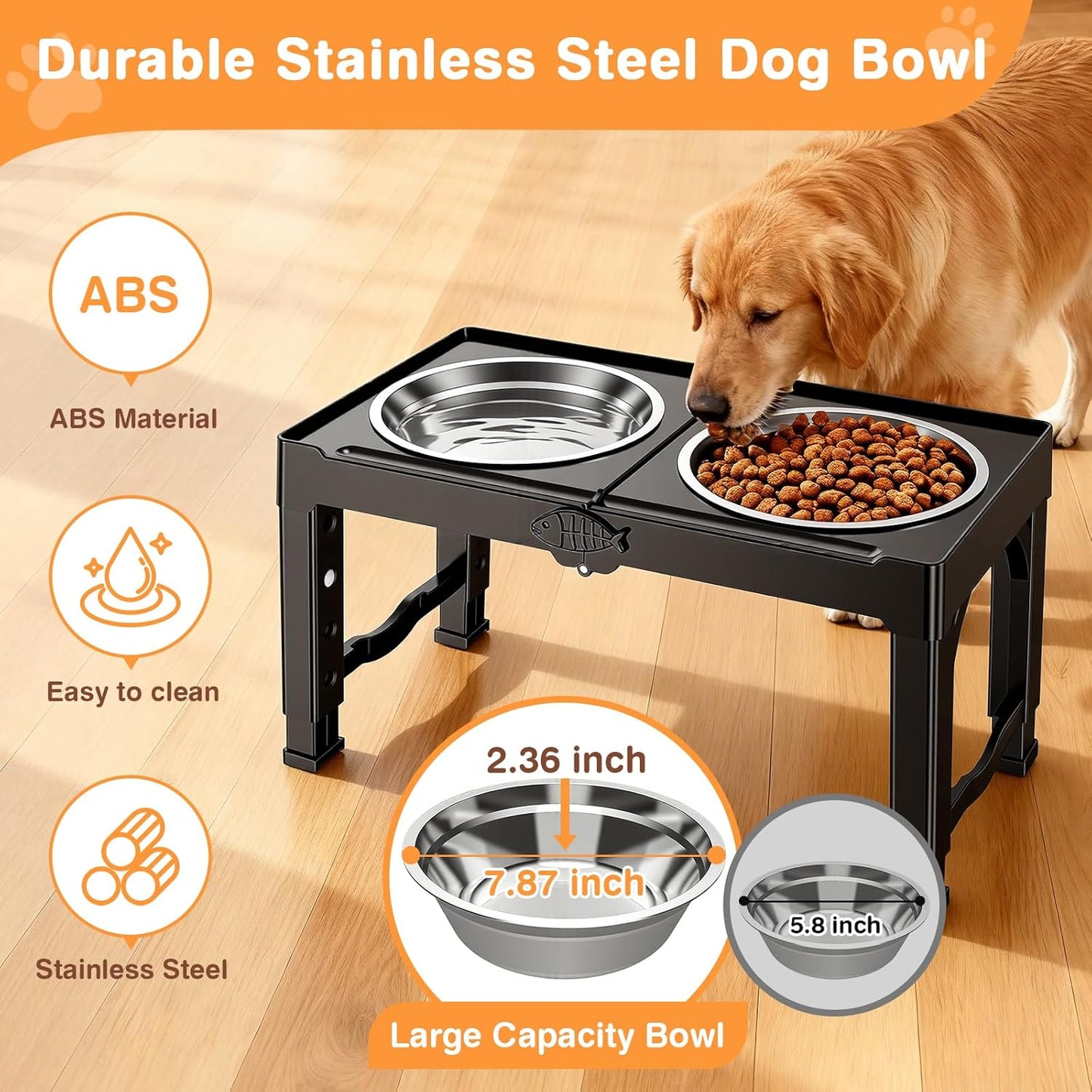 Elevated Dog Bowls Stand with 5 Heights from 3.8" to 13.4", Raised Dog Bowl Suitable for Medium & Large Sized Dogs, Adjustable Pet Food Stand with 2 Stainless Steel Bowls, Foldable Feeder, Black