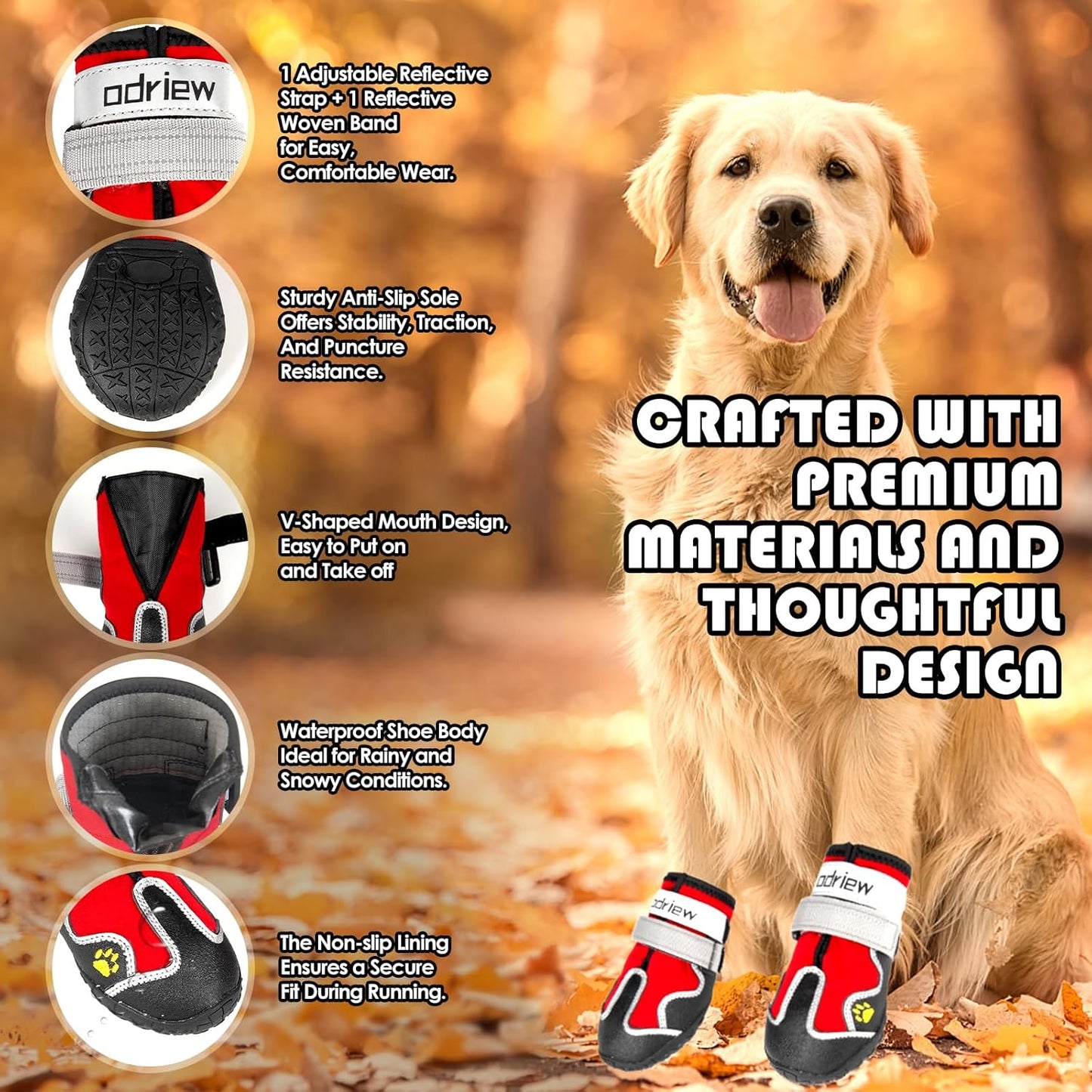 Dog Shoes Large Size Dogs, Medium Dog Booties-Dog Boots & Paw Protectors, 4PCS Shoes for Dogs with Reflective Strip, Anti-Slip Sole for Hot Pavement, Rain, Snow Walking, Hiking. (Red, 6)