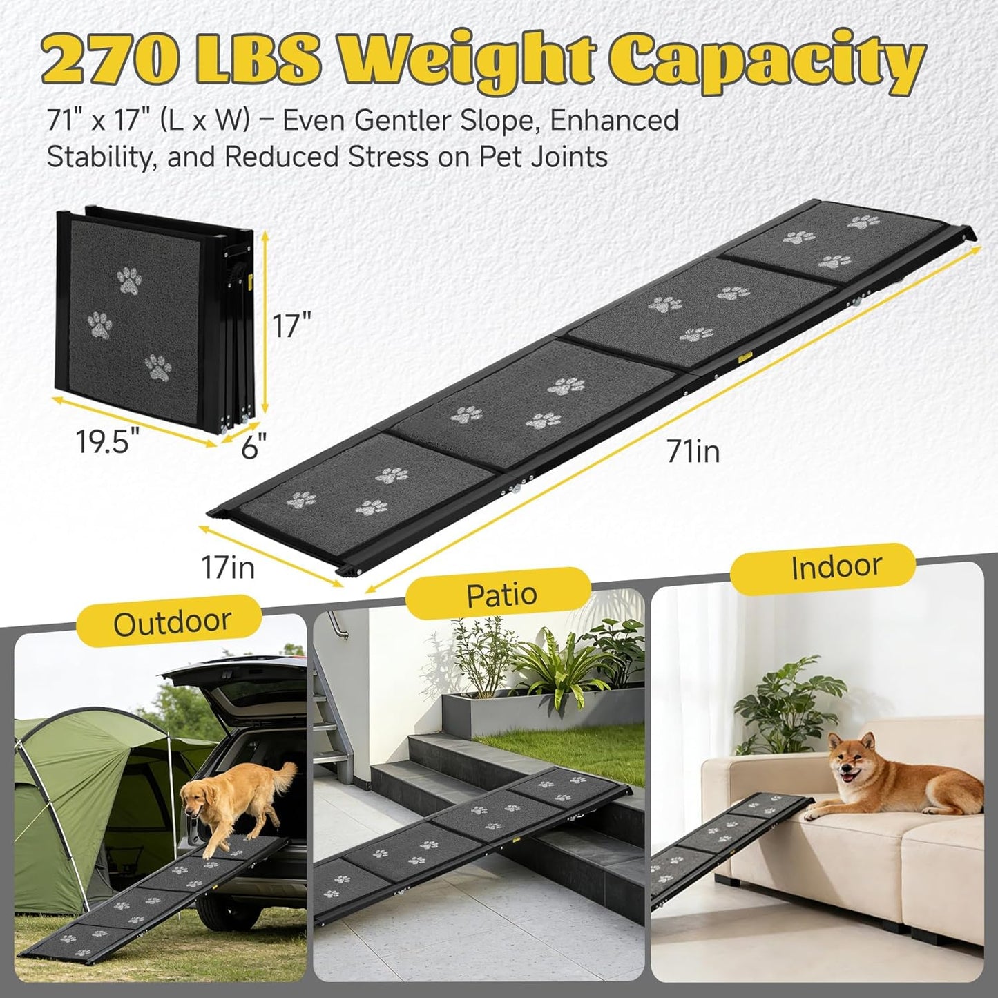 Dog Ramp for Car 71" X-Long & 17" Wider Portable Dog Ramps for Large Dogs Non Slip Rug Surface Extended Step Design for SUV Car and Truck Folding Dog Ramp Supports Up to 270LBS