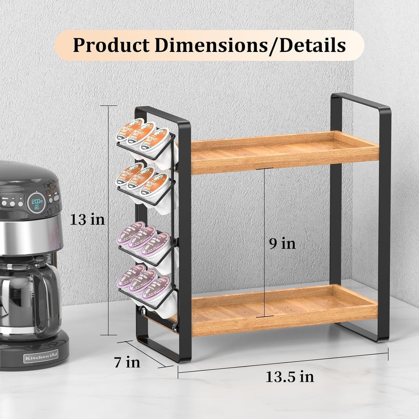LEMIKKLE Coffee Station Organizer for Counter,Condiment Storage Caddy for Kitchen,2 Tier Wooden Shelf for Coffee Bar Accessories,Coffee Bar Organizer for Kitchen, Home, Office-Brown