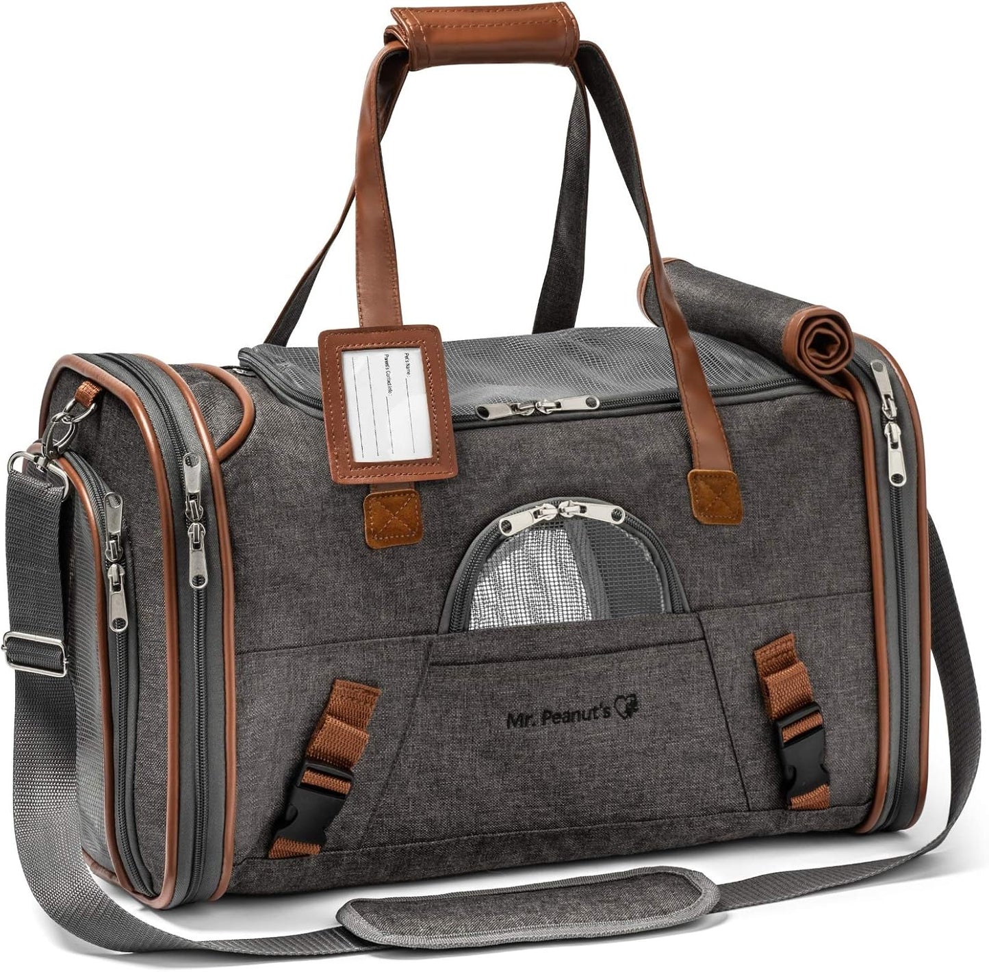 Mr. Peanut's Airline Approved Soft Sided Pet Carrier, Low Profile Gold Series Tote, Premium Brand Self Locking Zippers, Under Seat Compatibility, Plush Faux Fleece Bedding with a Sturdy Plywood Base