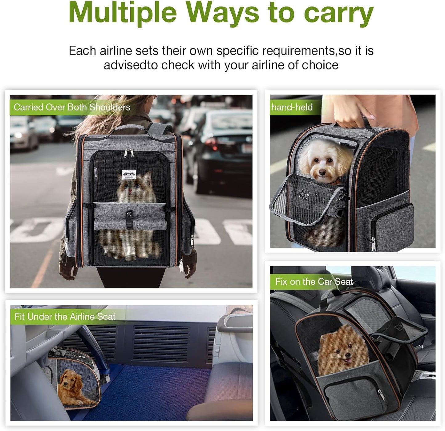 Lekebobor Cat Carrier Backpack, Expandable Pet Carrier with Sun Shade & Full Front Opening, Breathable Mesh Backpack for Small Dogs & Medium Cats Up to 18 Lbs, Foldable for Hiking, Camping (Grey)