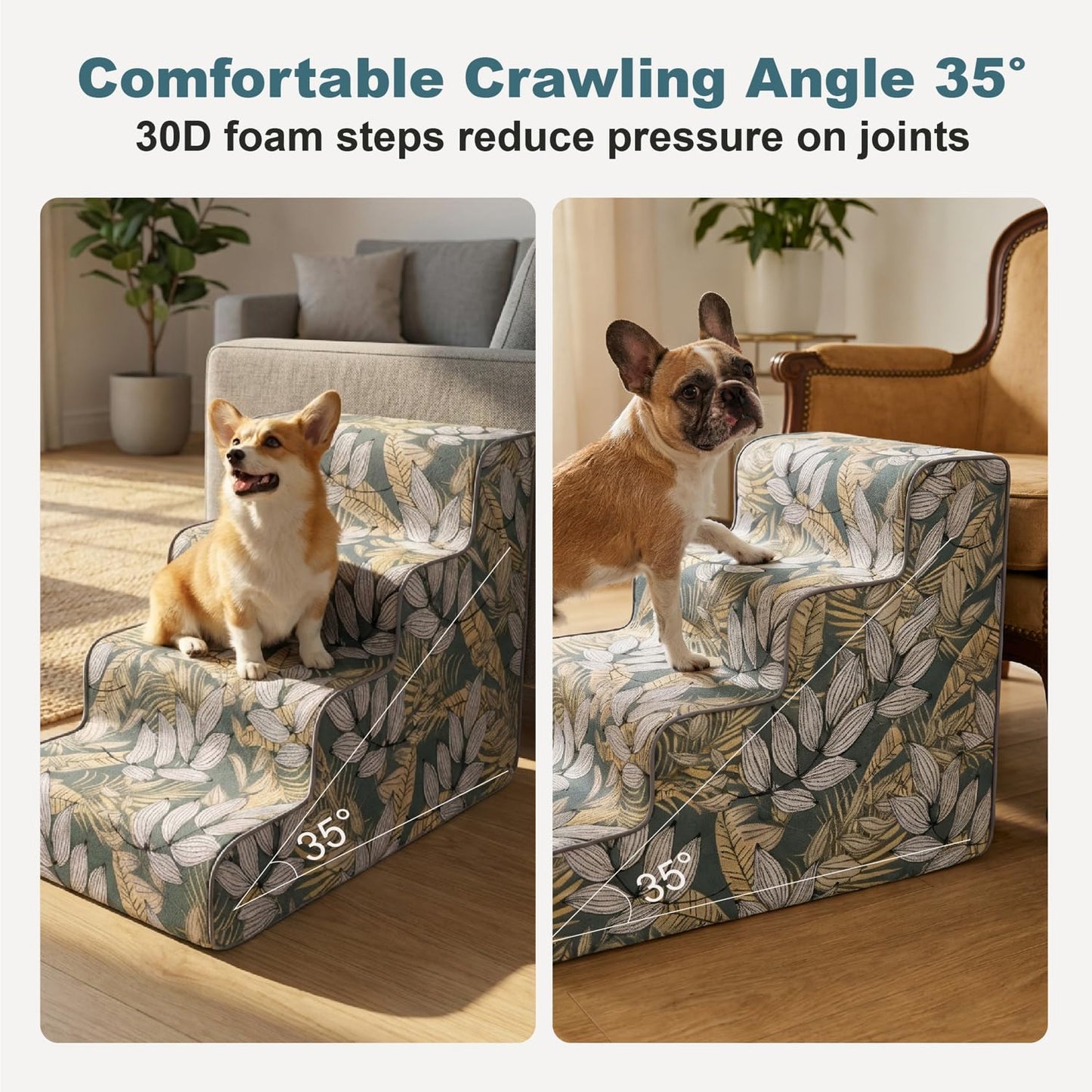 Dog Stairs for Small Dogs 18" H, 4-Step Dog Steps for High Bed with Non-Slip Bottom, Floral Indoor Pet Stairs, Pet Steps for Couch & Chair, Blue Yellow
