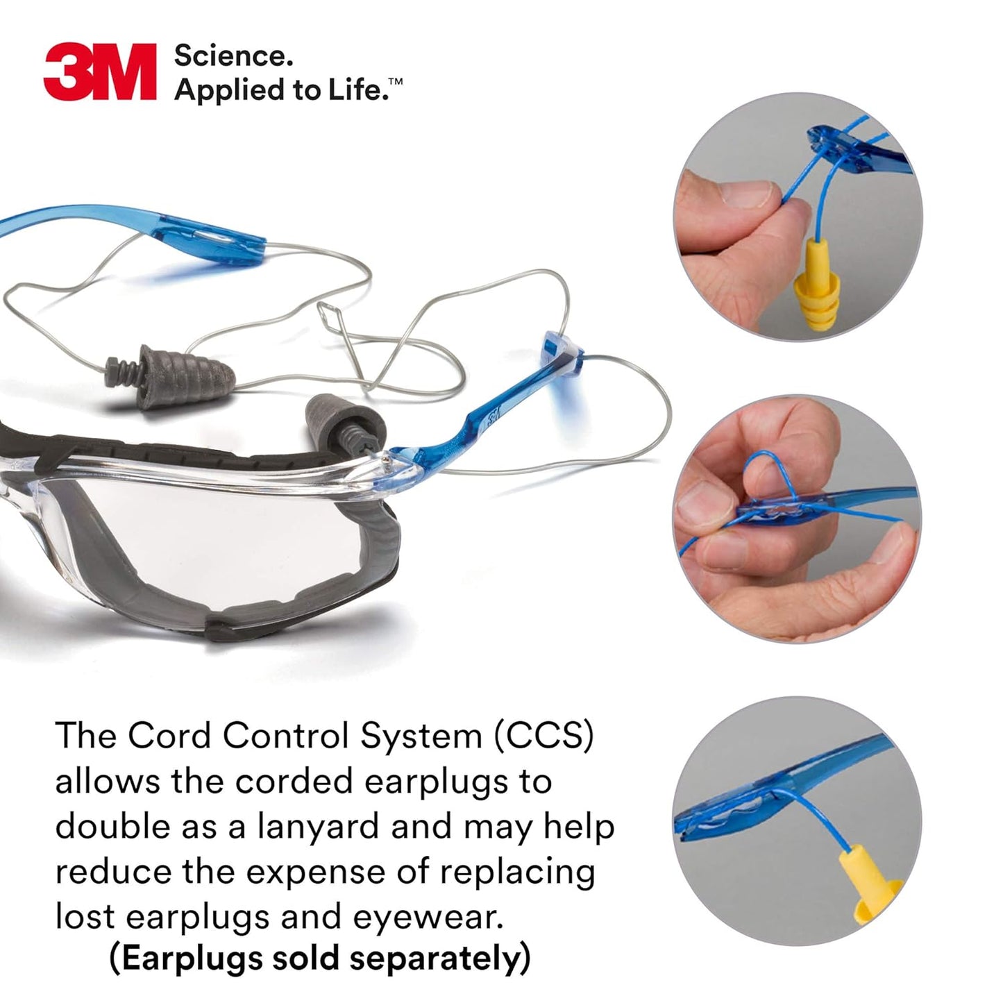 3M Safety Glasses, Virtua CCS, ANSI Z87, Anti-Fog, Clear Lens, Blue Frame, Corded Ear Plug Control System, Removable Foam Gasket, Pack of 1