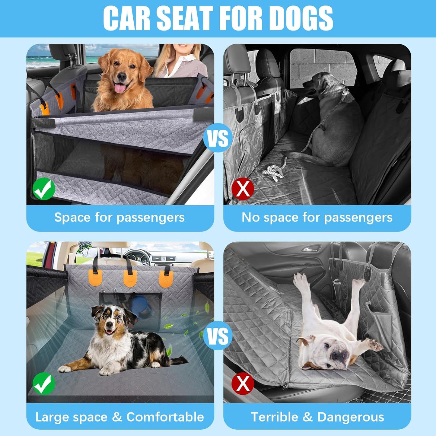 Dog Car Seat for Large Medium Dogs, Hard Bottom Back Seat Extender for Dogs with Soft Removable Blanket, Non-Slip Dog Car Hammock Turn into Soft Pet Travel Bed,Pet Seat for Car SUV Truck(Grey)