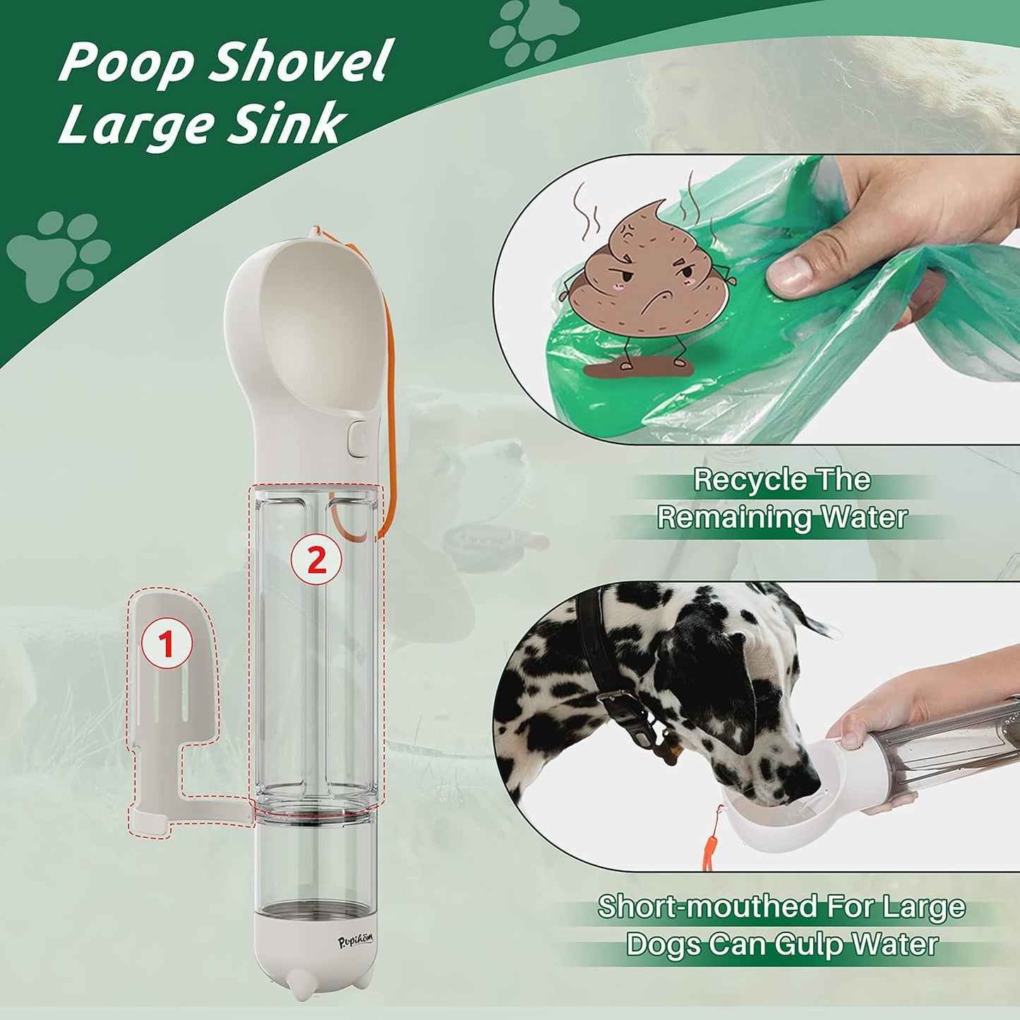 Dog Travel Water Bottle and Food Dispenser- Portable Travel Dispenser with Leak-Proof Bowl with Poop Bag- Outdoor Pet Water Bottle for Walking, Hiking, and Traveling - Length: 12.6"